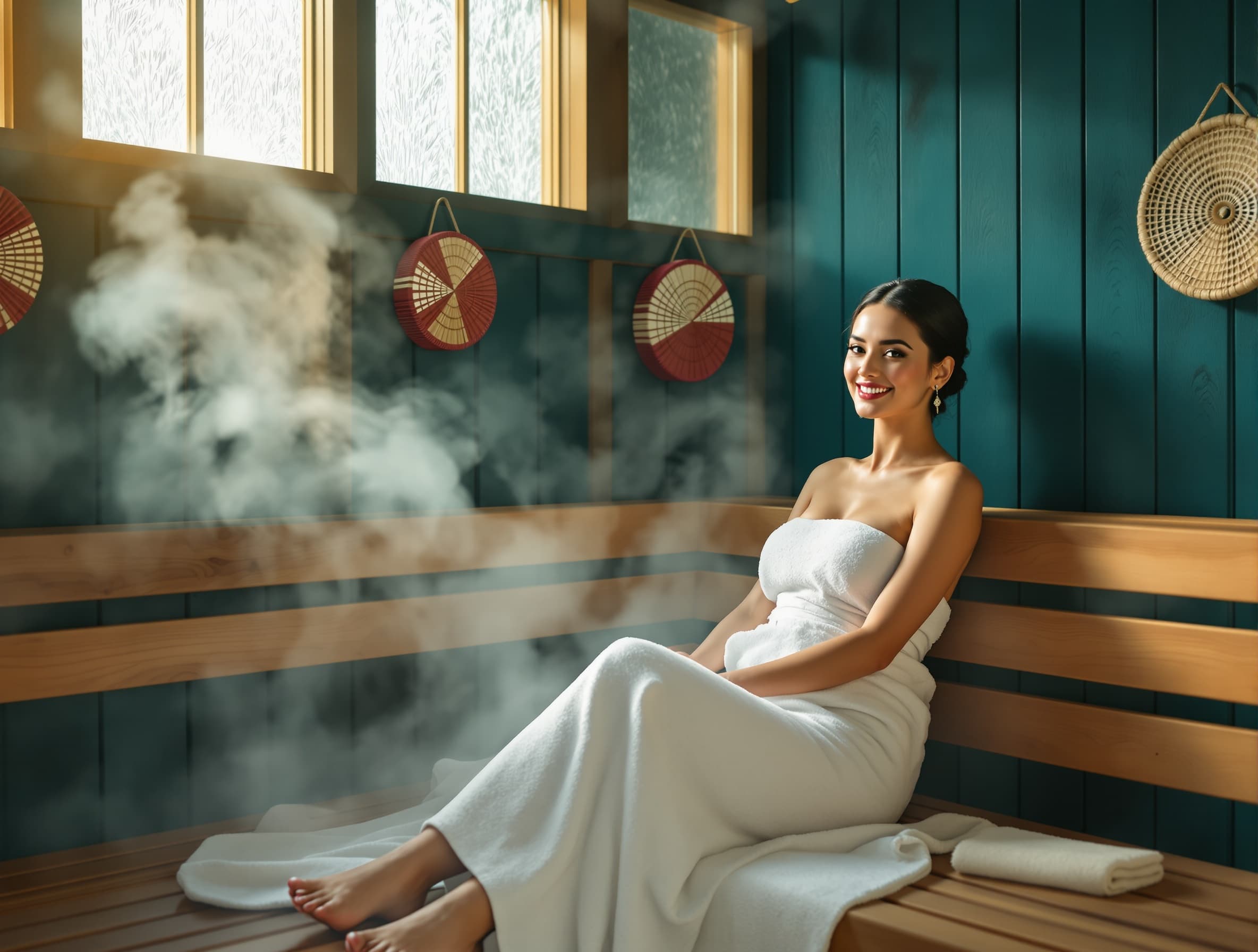 luxury wooden sauna interior, elegant relaxed woman sitting on a wooden bench in a sauna, body wrapped in a towel, calm satisfied expression, gentle steam in the air, premium wellness atmosphere, cinematic soft lighting, color palette of deep blue, dark turquoise, gold and wine red accents, polished natural wood texture, minimalistic advertising composition, negative space for text, high-end spa marketing photo, ultra realistic, professional commercial photography, shallow depth of field, 85mm lens --ar 16:9 --v 6 --style raw --s 200