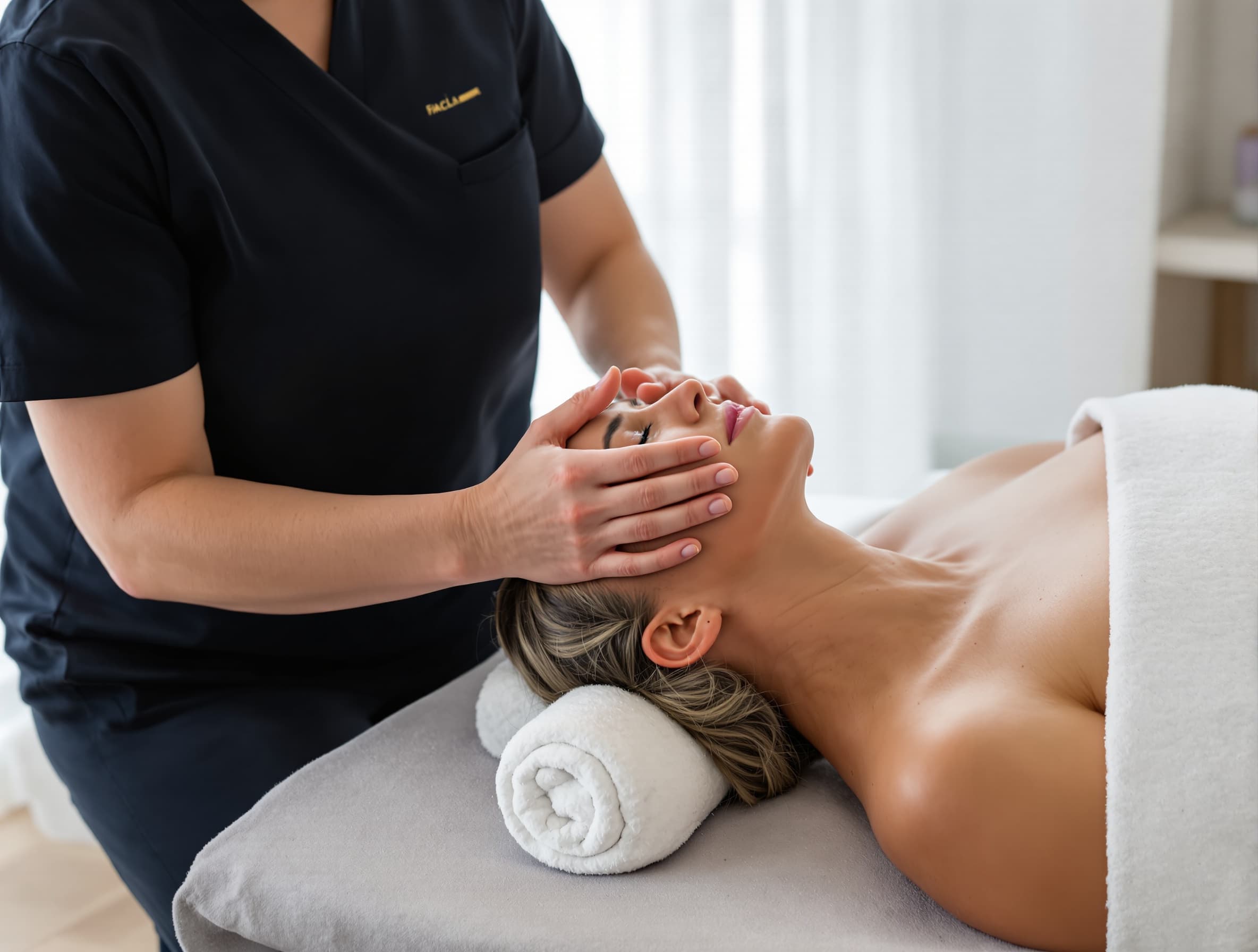 extend the top of the image naturally, show the massage therapist upper body and head, professional spa therapist wearing dark uniform, calm wellness spa interior, soft natural light, minimalistic background, relaxing atmosphere, realistic photography