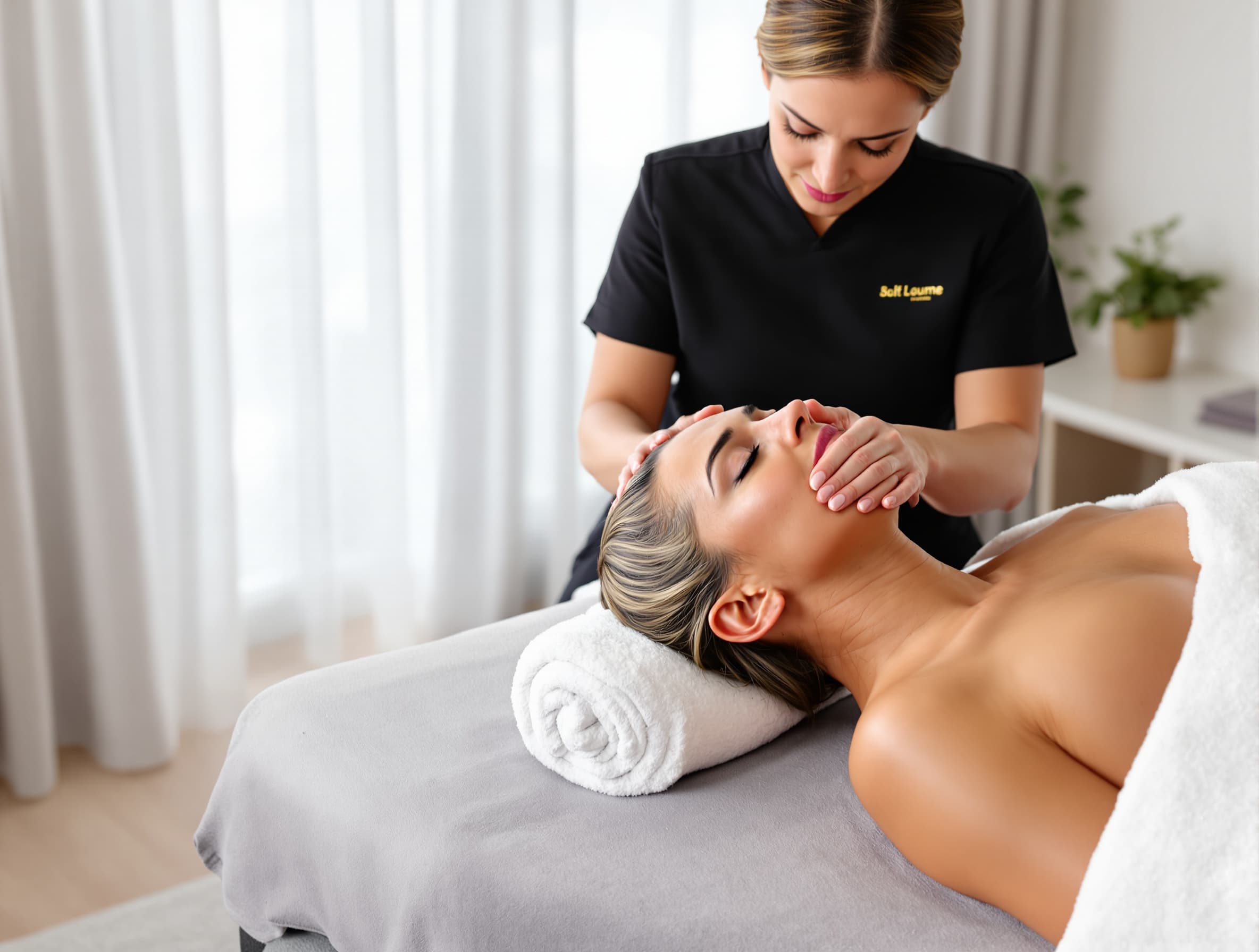 extend the top of the image naturally, show the massage therapist upper body and head, professional spa therapist wearing dark uniform, calm wellness spa interior, soft natural light, minimalistic background, relaxing atmosphere, realistic photography