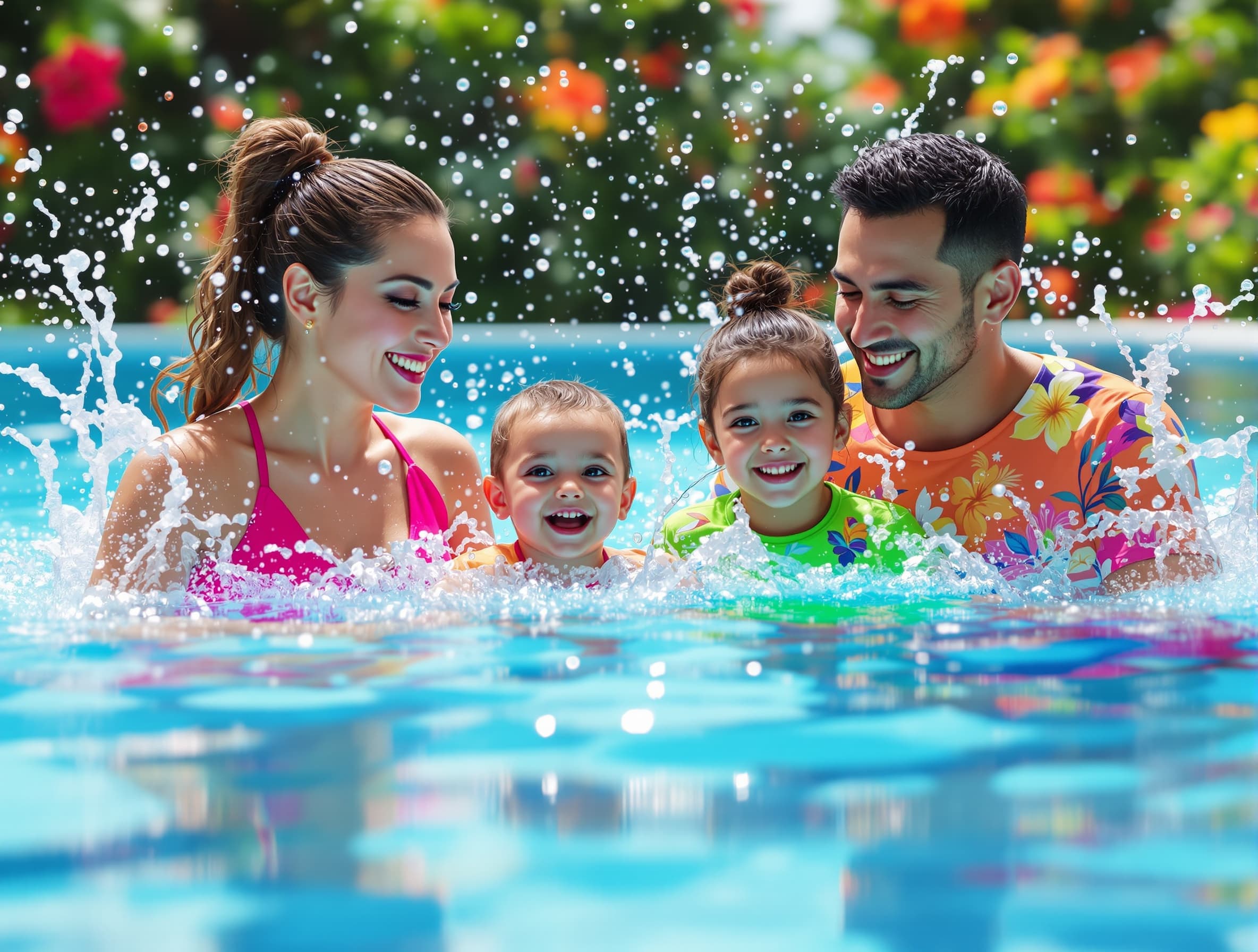 A happy family of four in a swimming pool, mother, father, two children aged 6 and 9, mother wearing pink swimsuit, children in colorful swimsuits, splashing water energetically, Tahitian tropical flowers floating in the water, dynamic water droplets and realistic reflections, subtle Adidas-style soft light glow, father of normal build, mother of normal build, children smiling and joyful, photorealistic, ultra high detail, modern sporty Adidas campaign aesthetic, clean bright background, wide billboard format, sense of movement and playful energy --v 6 --style raw --ar 3:1 --q 2 --chaos 0