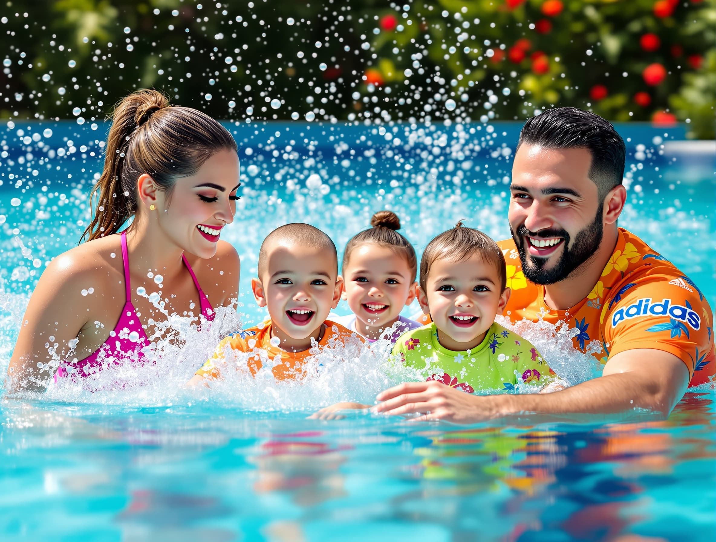 A happy family of four in a swimming pool, mother, father, two children aged 6 and 9, mother wearing pink swimsuit, children in colorful swimsuits, splashing water energetically, Tahitian tropical flowers floating in the water, dynamic water droplets and realistic reflections, subtle Adidas-style soft light glow, father of normal build, mother of normal build, children smiling and joyful, photorealistic, ultra high detail, modern sporty Adidas campaign aesthetic, clean bright background, wide billboard format, sense of movement and playful energy --v 6 --style raw --ar 3:1 --q 2 --chaos 0