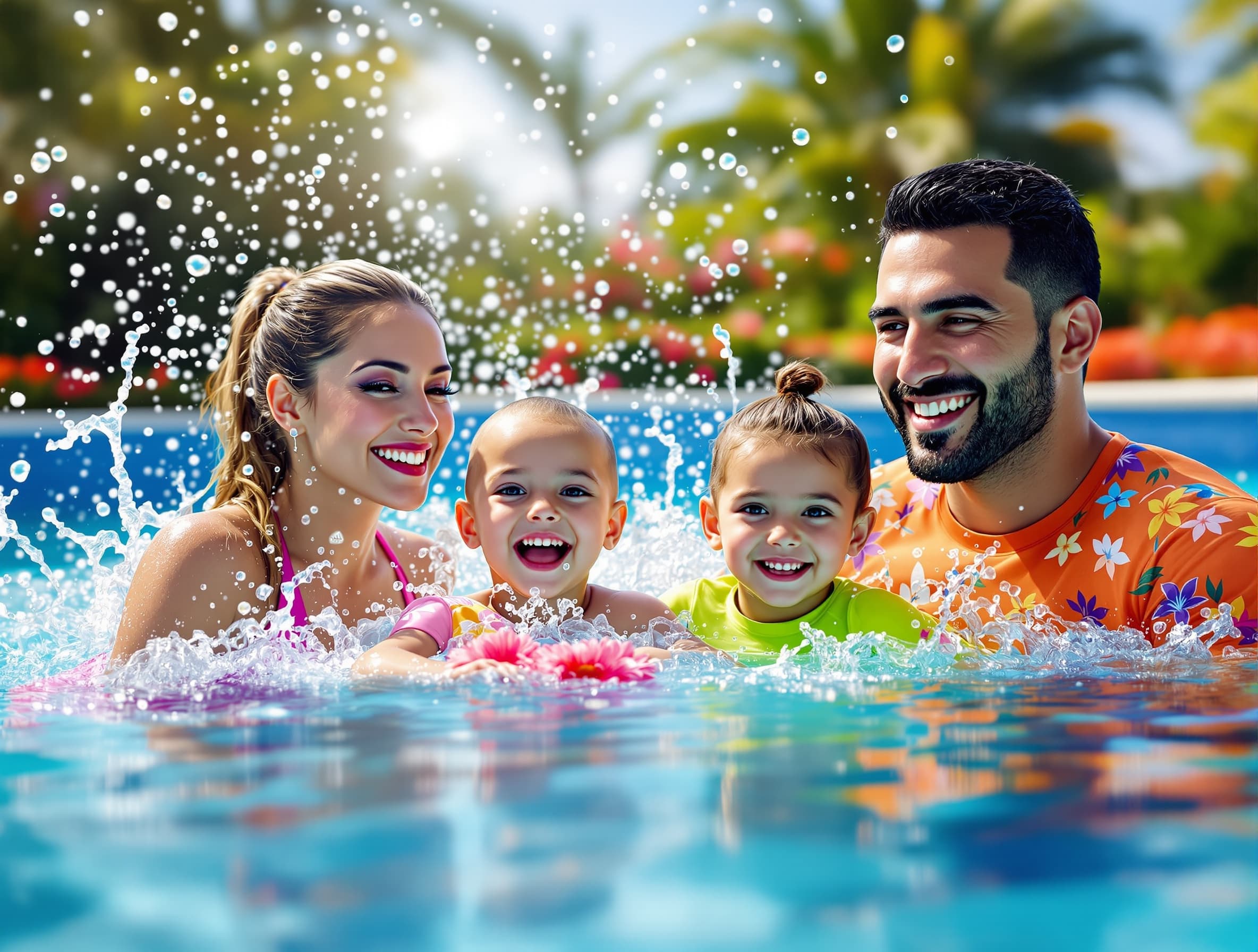 A happy family of four in a swimming pool, mother, father, two children aged 6 and 9, mother wearing pink swimsuit, children in colorful swimsuits, splashing water energetically, Tahitian tropical flowers floating in the water, dynamic water droplets and realistic reflections, subtle Adidas-style soft light glow, father of normal build, mother of normal build, children smiling and joyful, photorealistic, ultra high detail, modern sporty Adidas campaign aesthetic, clean bright background, wide billboard format, sense of movement and playful energy --v 6 --style raw --ar 3:1 --q 2 --chaos 0