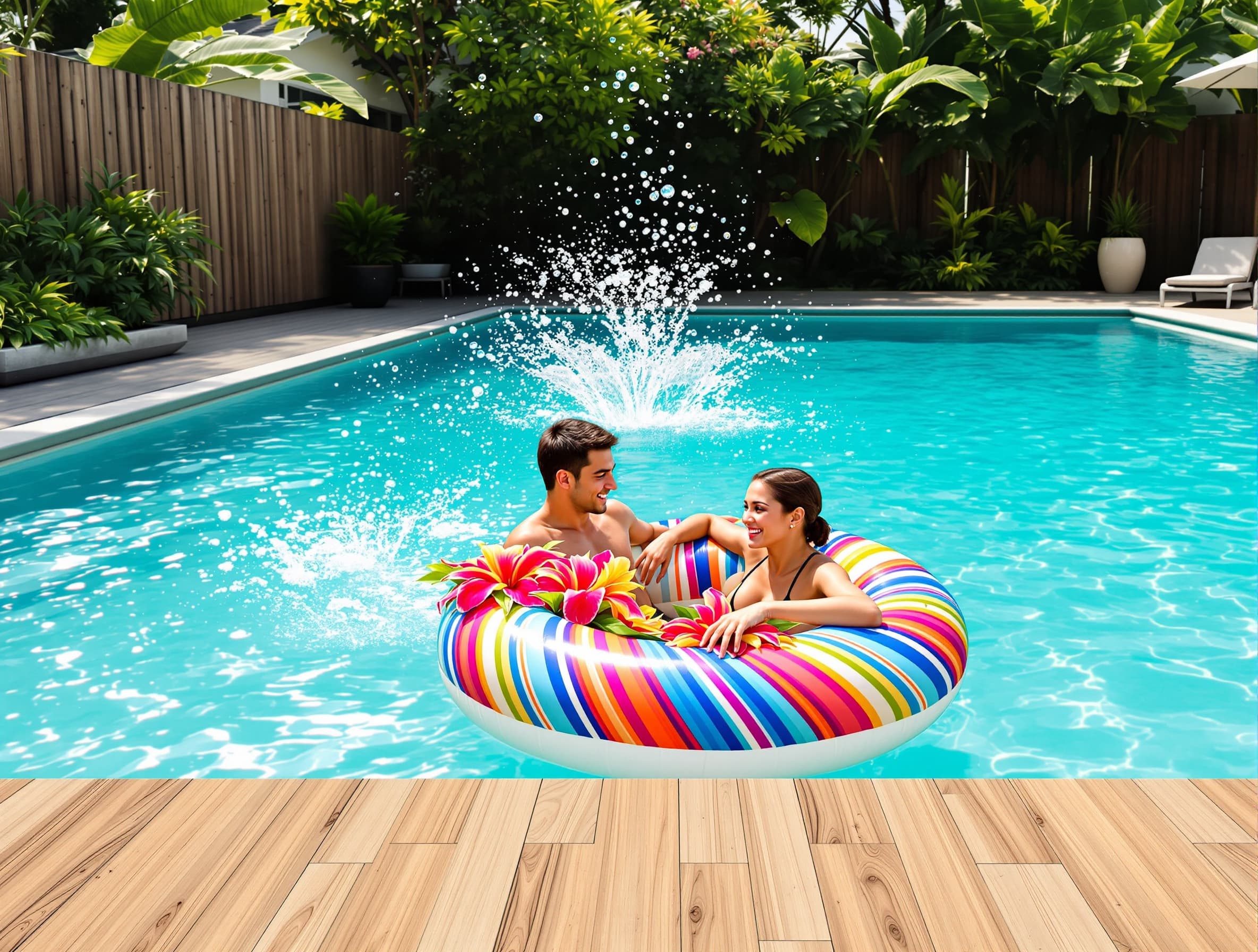 <vloz URL obrazku> recreate this image exactly, identical composition, perspective, lighting, and details, photorealistic, high resolution, no changes to people or surroundings, add Tahitian tropical flowers gently floating on the water surface, subtle water reflections and light droplets, natural and delicate appearance --v 6 --style raw --iw 2 --chaos 0