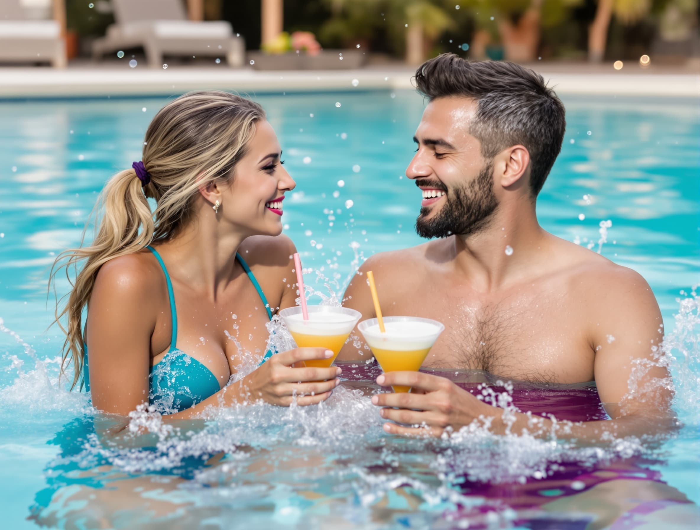 A group of young adults in a swimming pool, two couples (woman and man, woman and man), age 20 to 30, women wearing turquoise and magenta pink swimsuits, men of normal build, women of normal build, happily drinking cocktails with straws, splashing water energetically, dynamic splash effects, sparkling water reflections, joyful facial expressions, playful pool party atmosphere, photorealistic, ultra high detail, realistic skin tones, natural lighting, modern sporty campaign aesthetic inspired by Adidas, clean composition, minimalistic background, premium lifestyle look, wide billboard format --v 6 --style raw --ar 3:1 --q 2 --chaos 0