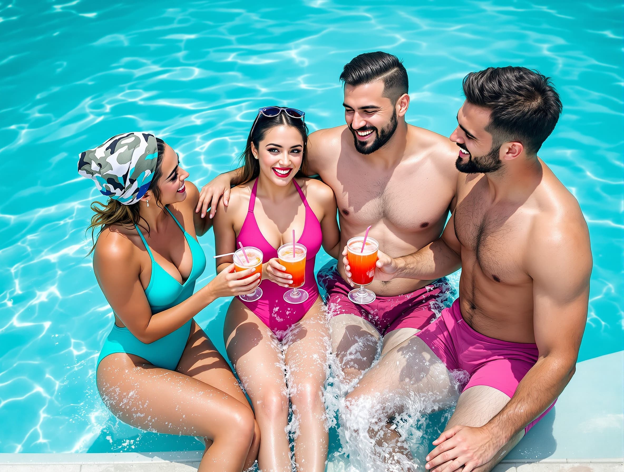 A realistic candid photo of four young adults in a swimming pool, clearly two couples (woman and man, woman and man), age 20 to 30, natural interaction, women wearing contrasting swimsuits in turquoise and magenta pink, men of normal build, women of normal build, casually drinking cocktails with straws, subtle water splashes, natural water reflections, genuine joyful expressions, slightly imperfect poses, shot like a real lifestyle photoshoot, photorealistic, natural skin texture with imperfections, realistic lighting, soft daylight, true-to-life colors, 50mm lens, shallow depth of field, slight motion blur in water, clean minimal composition, uncluttered background, modern sporty campaign aesthetic inspired by Adidas, premium lifestyle photography, wide billboard format, negative space --v 6 --style raw --ar 3:1 --q 2 --chaos 0 --no artificial, CGI, overly smooth skin, exaggerated features