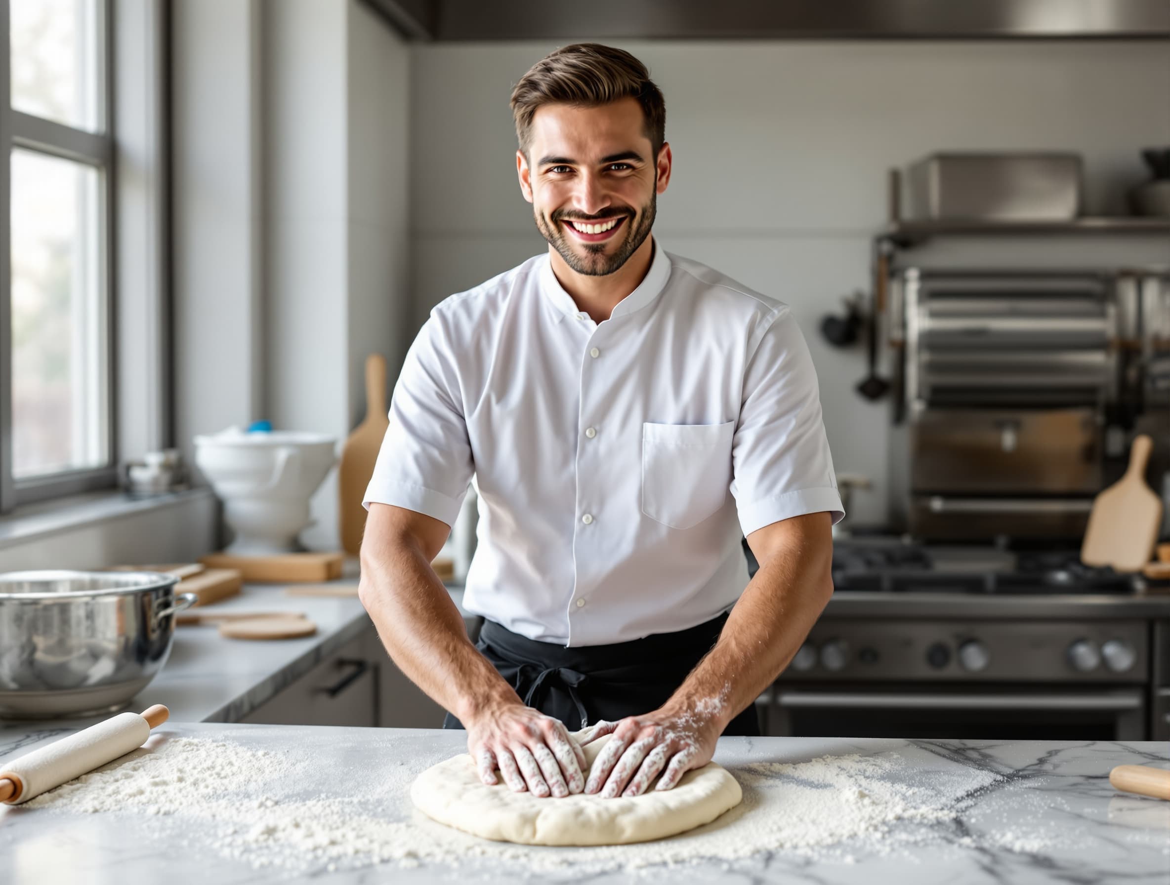 young smiling man, making pizza dough in a professional kitchen, front-facing face visible, wearing a white shirt