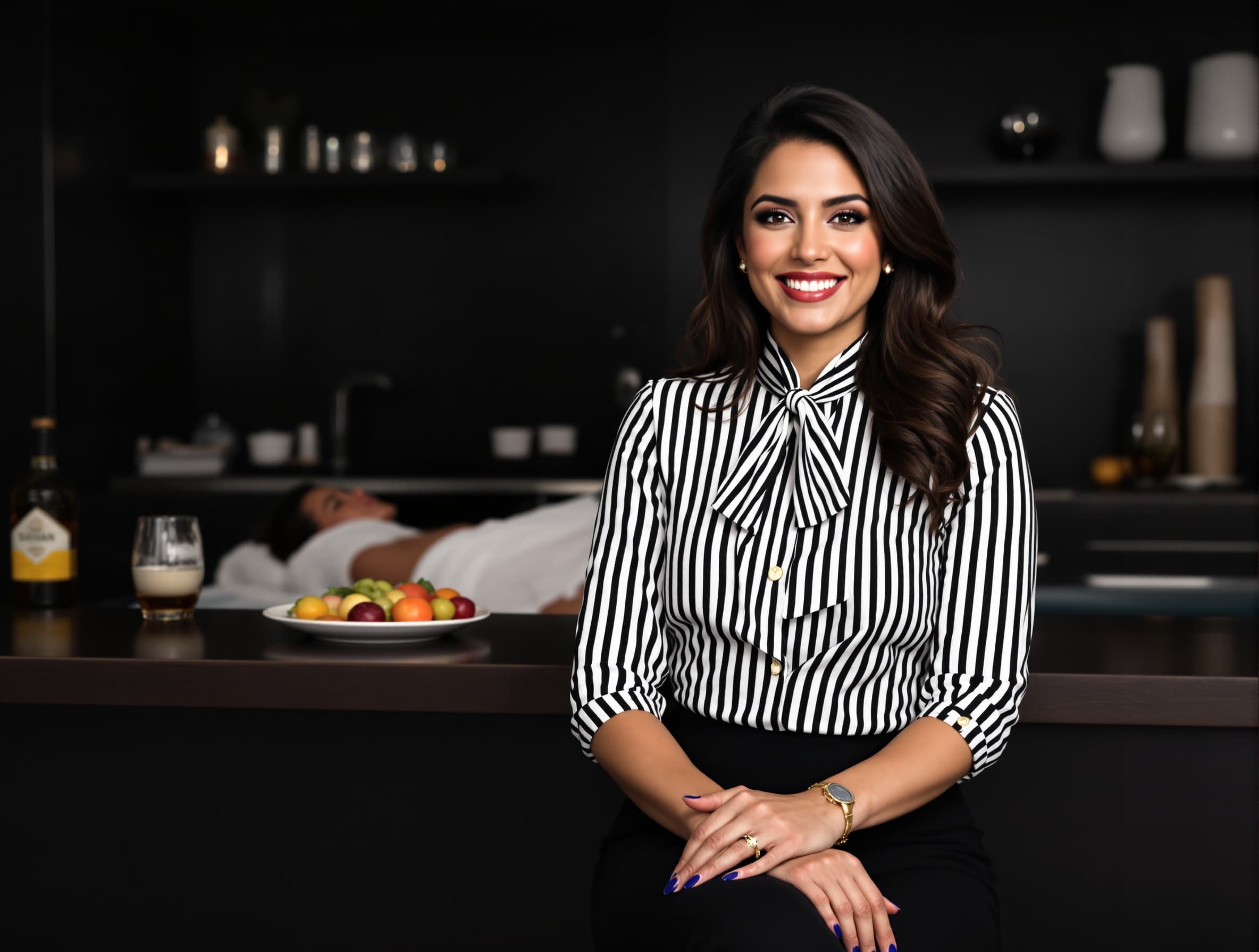 woman lying on a lounge chair after a sauna, with a towel on her lap, holding a plate of fruit, sauna and pool background