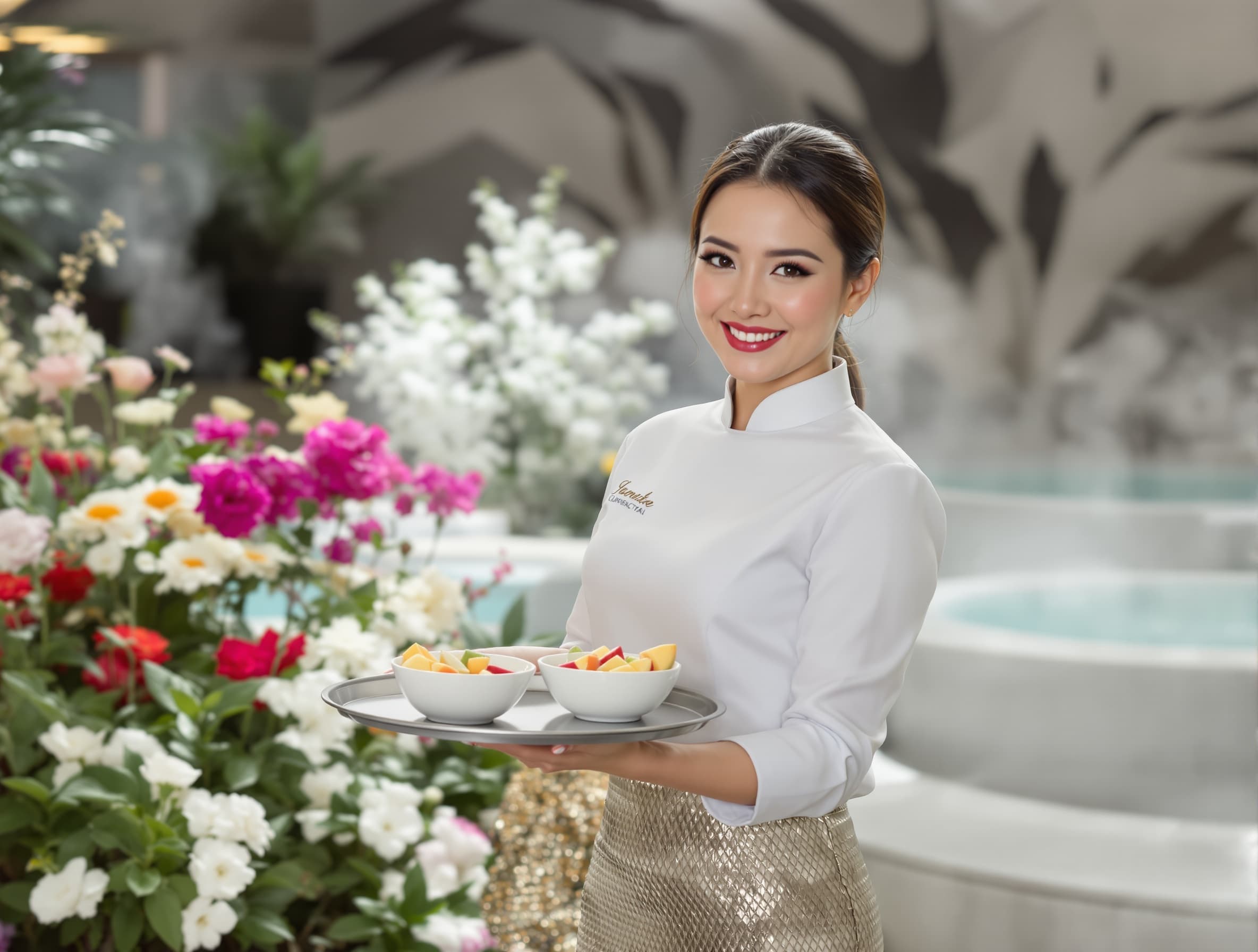 waitress holding a tray with small bowls of sliced fruit, dressed in a white shirt and gold-gray skirt, full face visible, flowers and sauna pools in the background, steam in the air