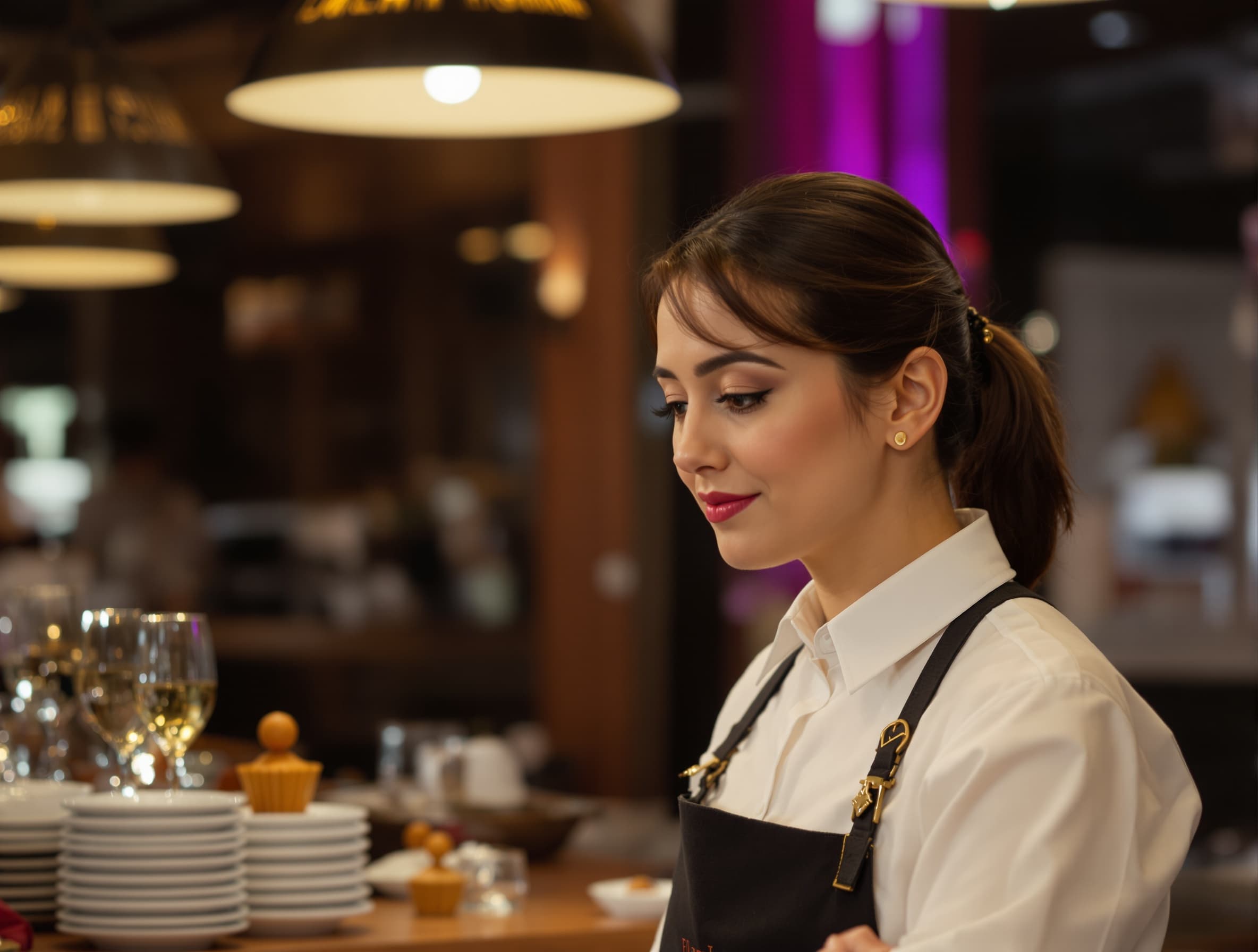 waitress holding a tray with small bowls of sliced fruit, dressed in a white shirt and gold-gray skirt, full face visible, flowers and sauna pools in the background, steam in the air