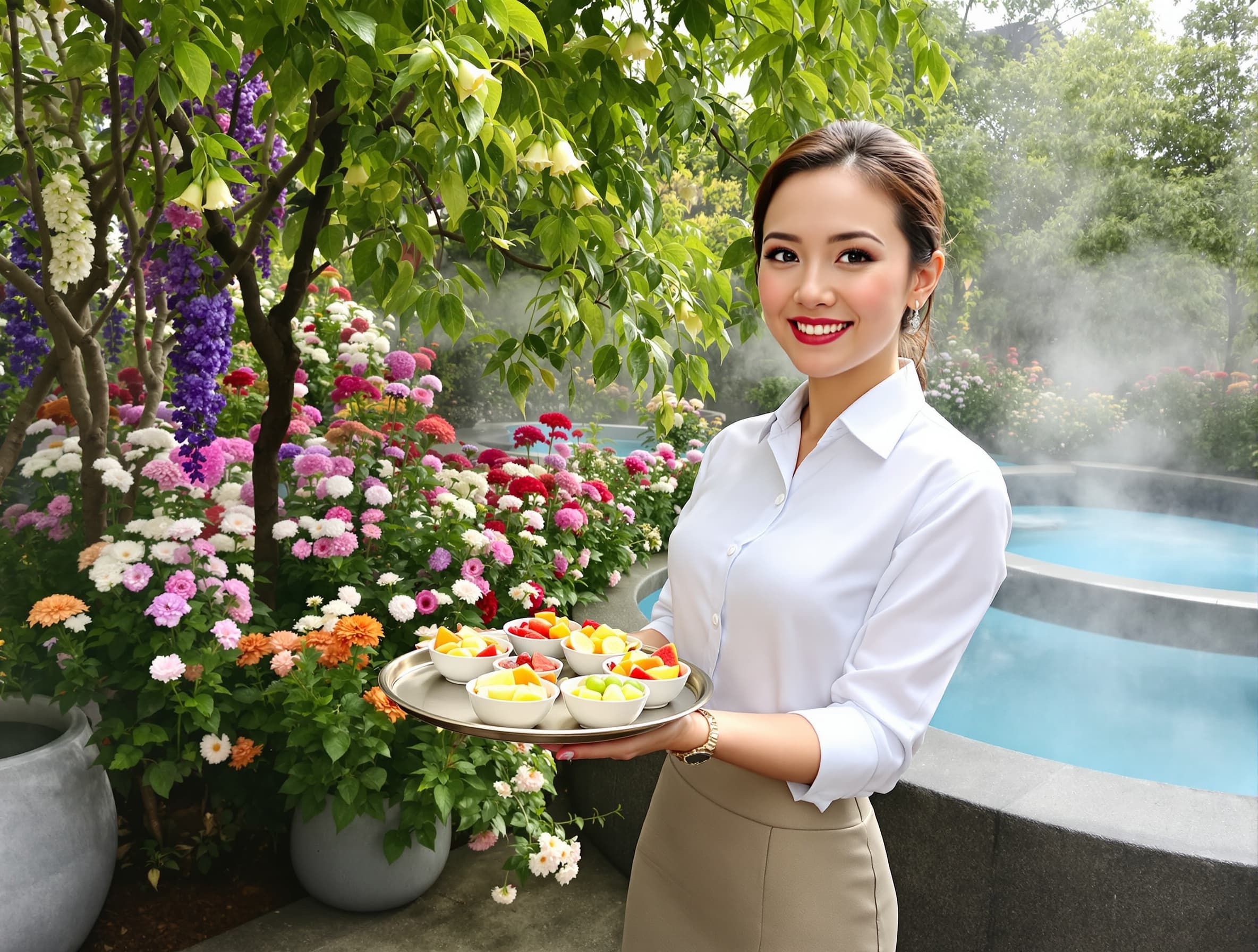 waitress holding a tray with small bowls of sliced fruit, dressed in a white shirt and gold-gray skirt, full face visible, flowers and sauna pools in the background, steam in the air, IKEA style