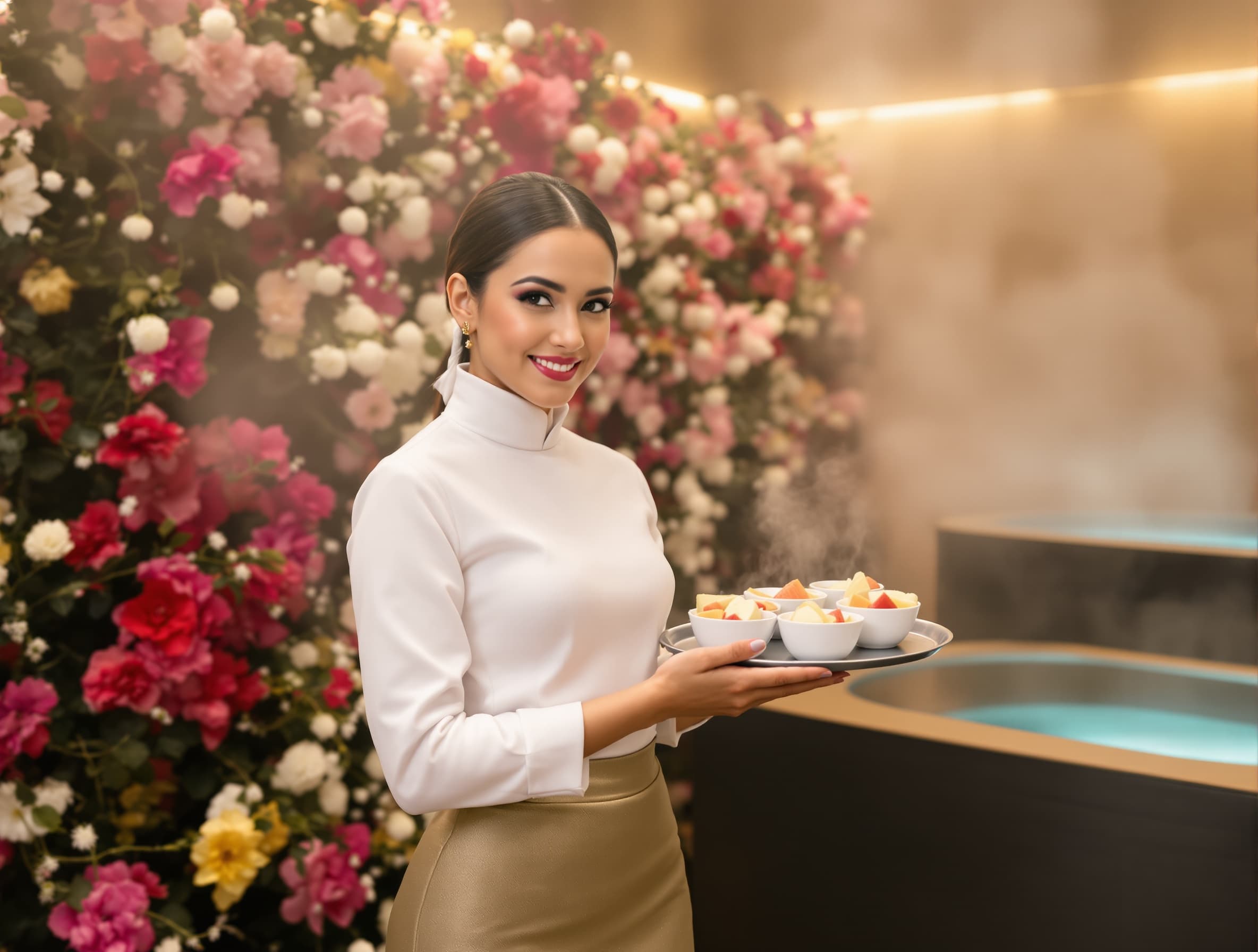 waitress holding a tray with small bowls of sliced fruit, dressed in a white shirt and gold-gray skirt, full face visible, flowers and sauna pools in the background, steam in the air, IKEA style, indoor setting