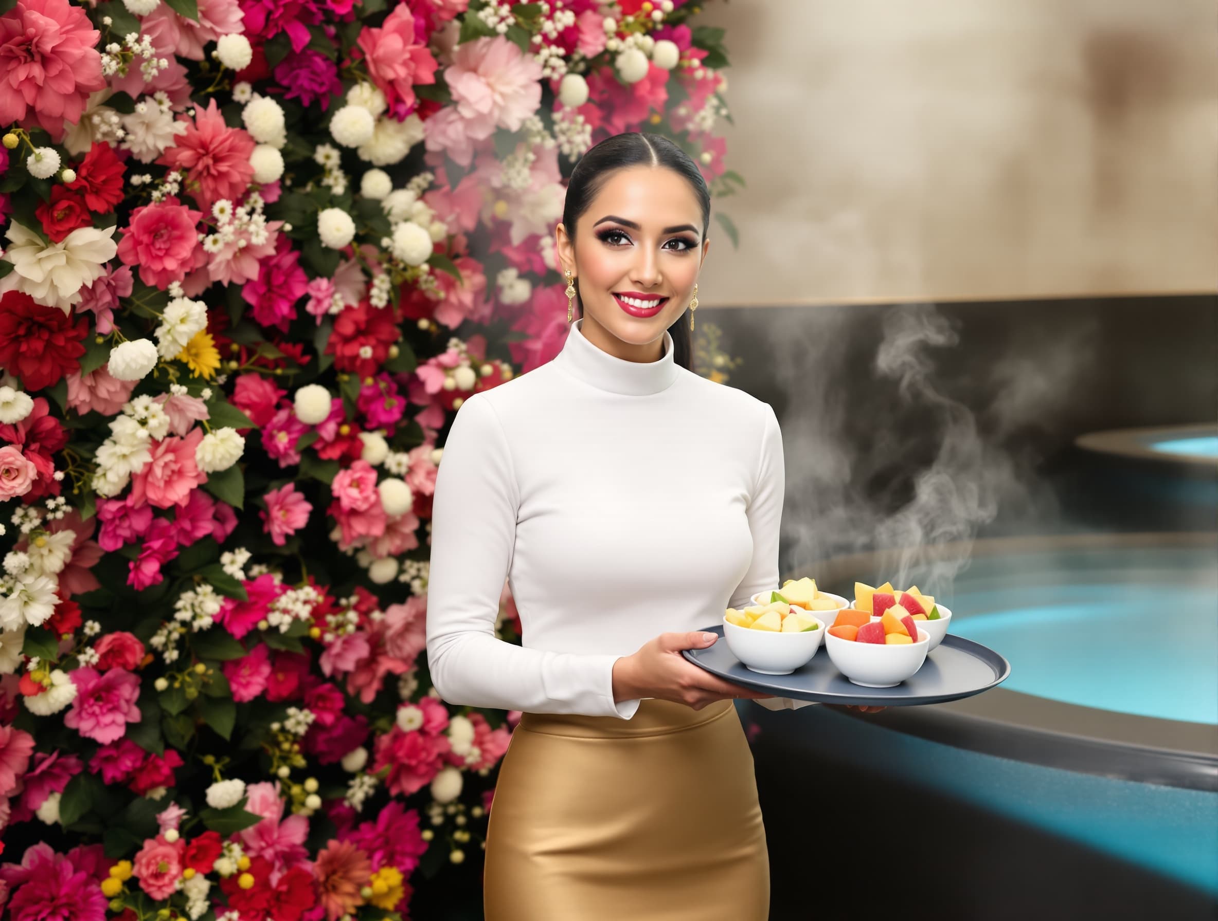 waitress holding a tray with small bowls of sliced fruit, dressed in a white shirt and gold-gray skirt, full face visible, flowers and sauna pools in the background, steam in the air, IKEA style, indoor setting, pool visible