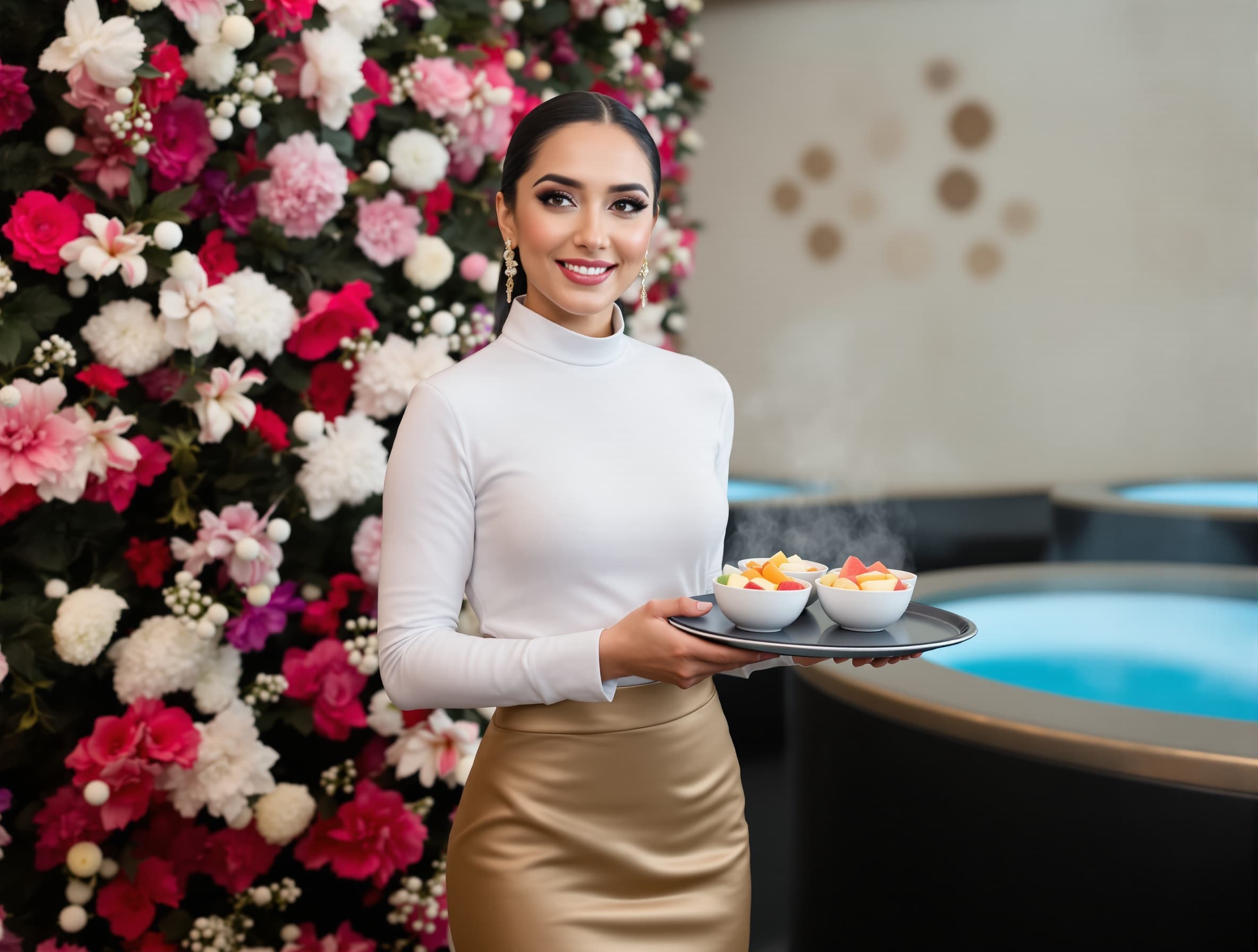 waitress holding a tray with small bowls of sliced fruit, dressed in a white shirt and gold-gray skirt, full face visible, sauna interior with wooden walls, white flowers, towels, sauna pools in the background, steam in the air, IKEA style, indoor setting, pool visible