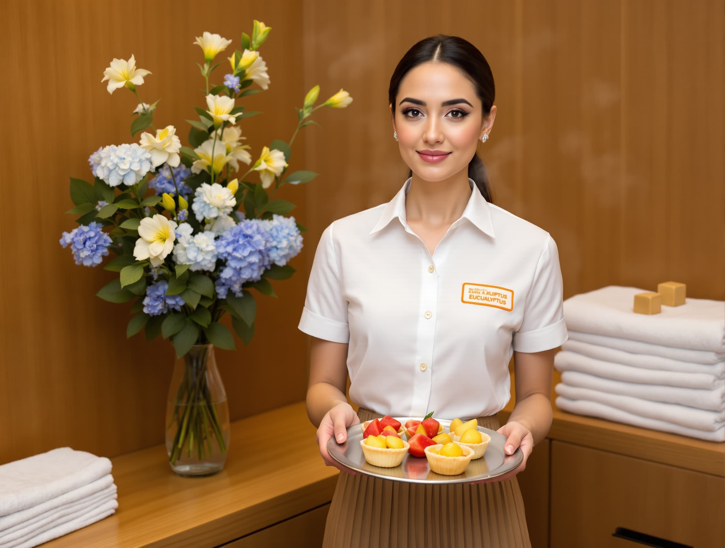 woman with a natural facial expression, eucalyptus added, light blue delicate flowers, soft photo style, indoor setting, sauna interior, light flowers floating in the air