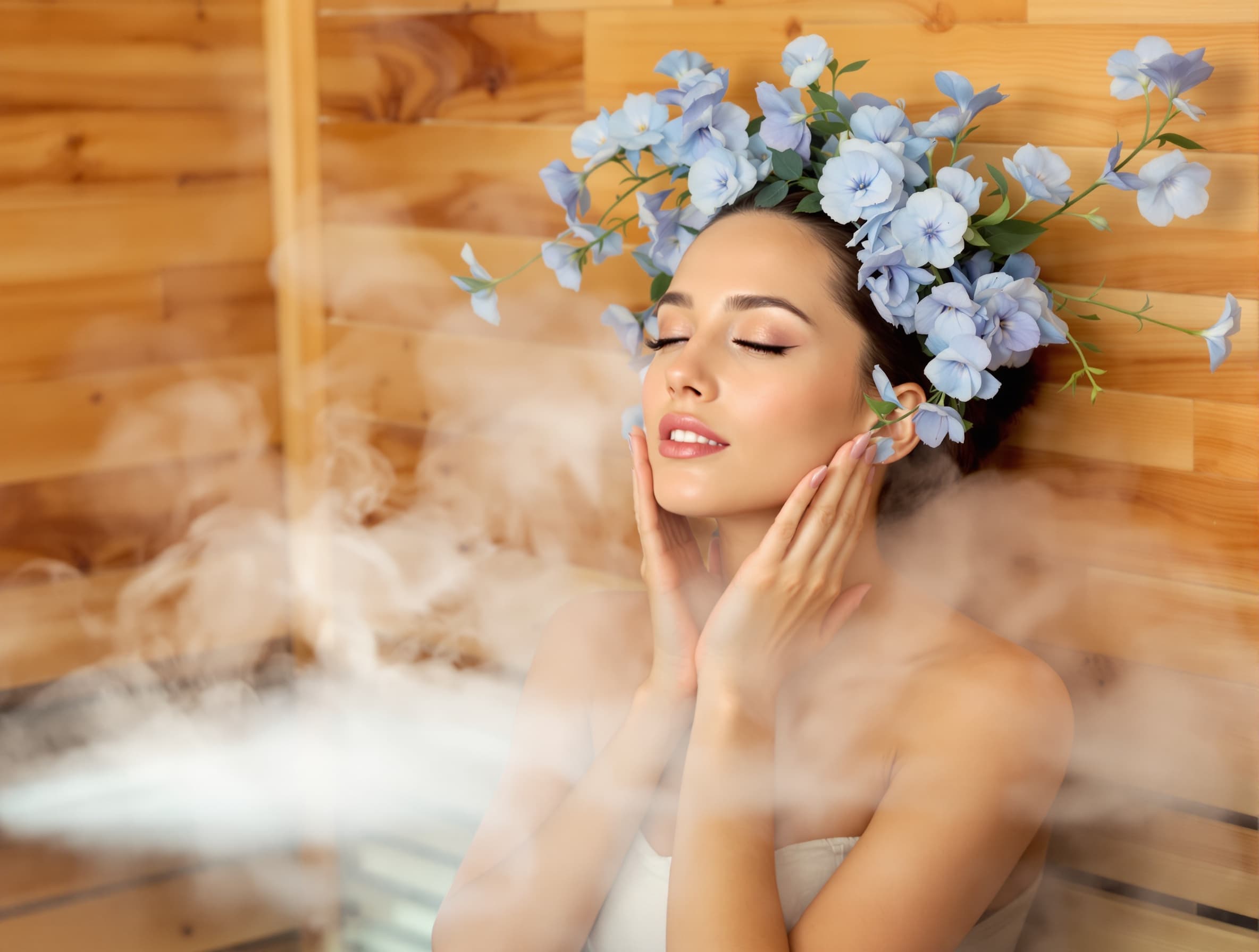 woman with a natural facial expression, eucalyptus added, light blue delicate flowers, soft photo style, indoor setting, sauna interior, light flowers floating in the air, soft reflections, more steam