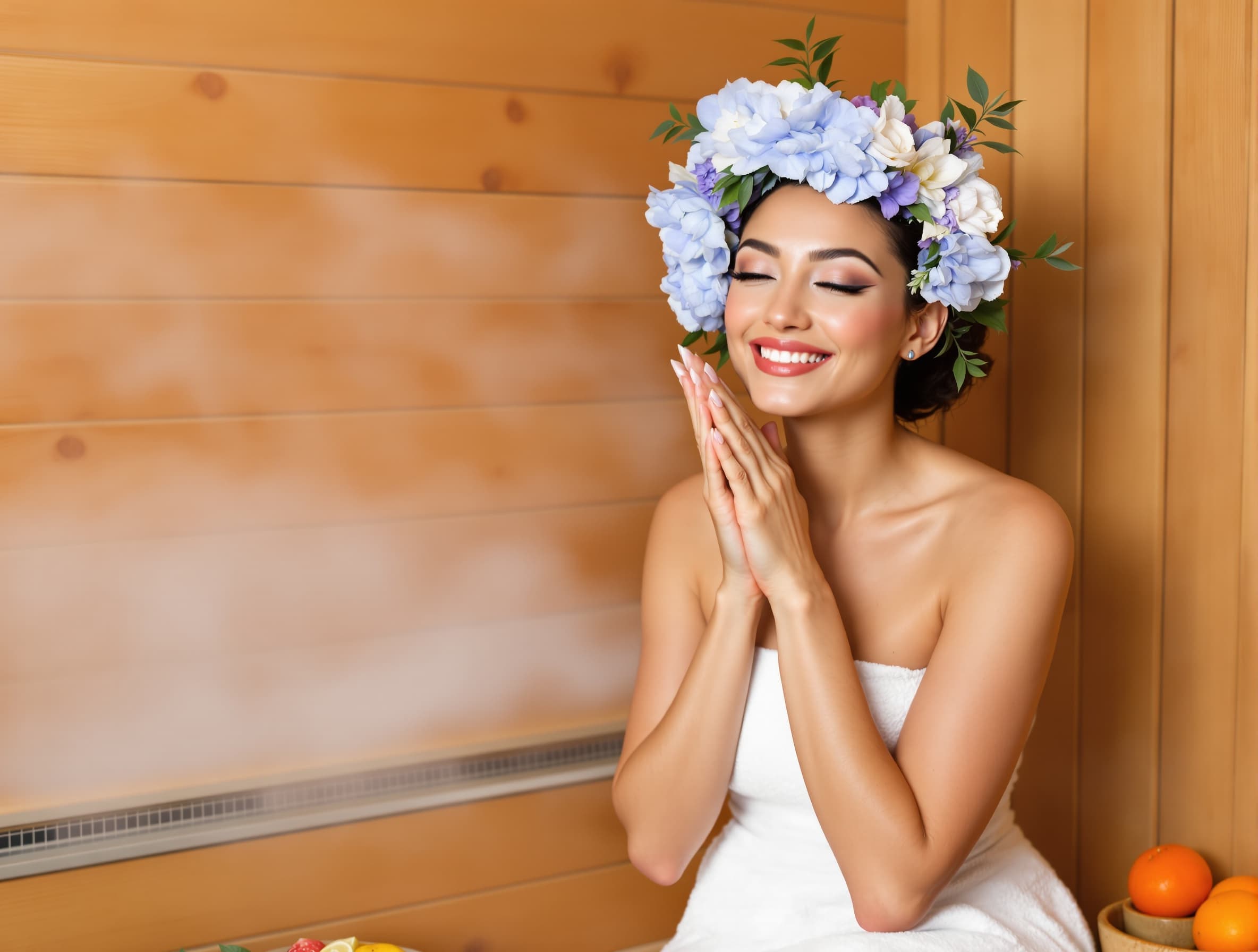 woman with a natural facial expression, full body visible, a bowl of sliced fruit next to her, eucalyptus added, light blue delicate flowers, soft photo style, indoor setting, sauna interior, light flowers floating in the air, soft reflections, more steam