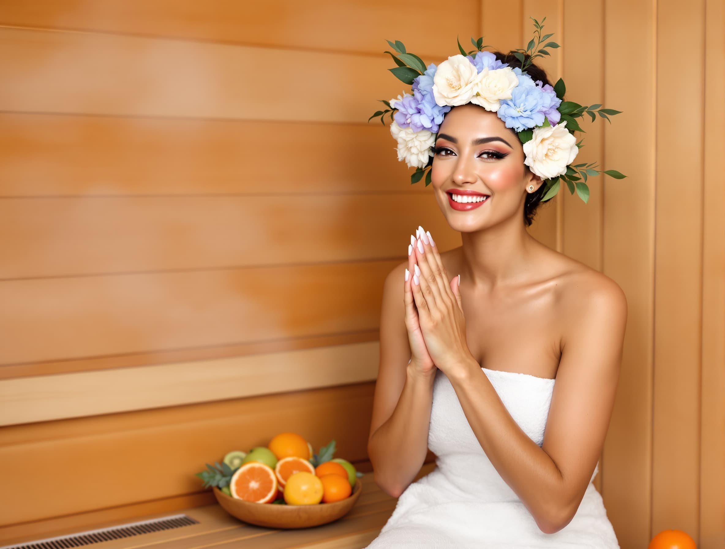 woman with a natural facial expression, full body visible, a prominent bowl of sliced fruit next to her, eucalyptus added, light blue delicate flowers, soft photo style, indoor setting, sauna interior, light flowers floating in the air, soft reflections, more steam