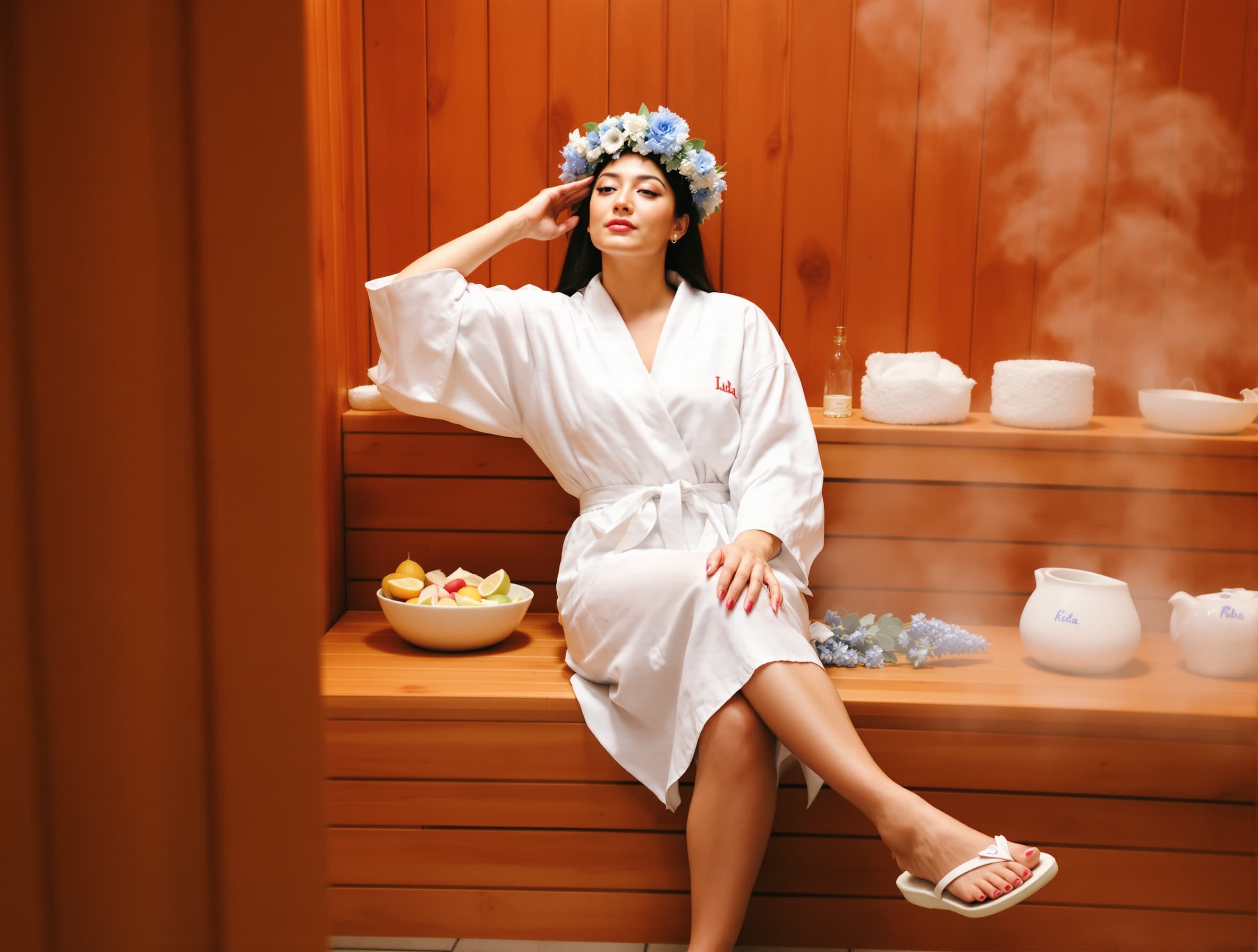 woman with a natural facial expression, full body visible, wearing a flower crown in her hair, a prominent bowl of sliced fruit placed next to her, eucalyptus added, light blue delicate flowers, soft photo style, indoor setting, sauna interior, light flowers floating in the air, soft reflections, more steam, similar composition to reference photo