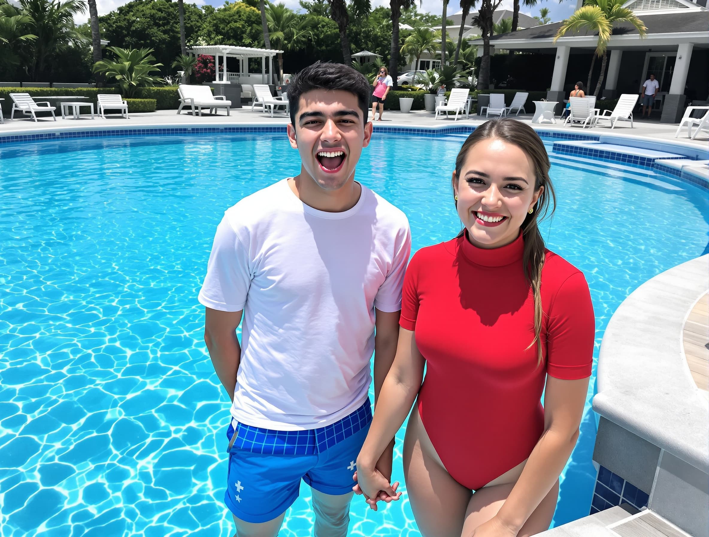 If you want, I can help you rewrite it in a safe, neutral way (e.g., fully clothed or appropriately dressed swimmers) or translate just the non-sensitive parts