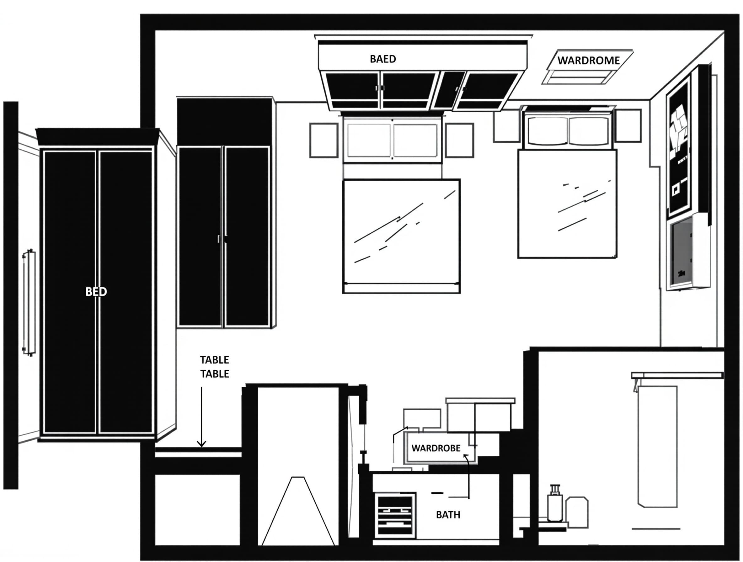 Create a top-down 2D floor plan of an 11x11 feet bedroom with an attached bathroom located outside the room at the southeast corner. The west side is open for living area entrance. Inside the bedroom, place: - a double bed in the southwest corner with two nightstands, - a computer + study table in the northwest corner, - a dressing table near the bed, - a wardrobe along the east wall. Show clear furniture placement, doors, and walking paths. Use clean, modern, minimal style, flat colors, clear labels, and easy-to-read proportions. Include the bathroom door outside the southeast corner. Top-down blueprint perspective, suitable for interior planning.