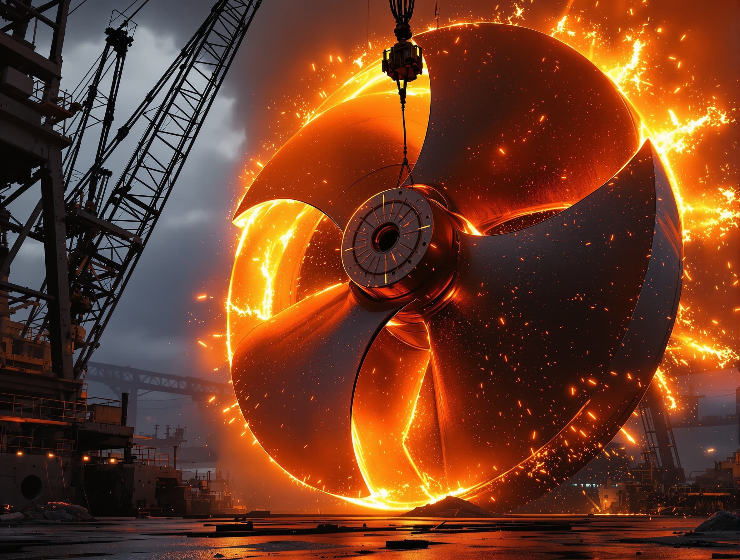 Giant ship propeller illuminated orange like molten metal, heavy crane lowering it, sparks flying, dramatic industrial lighting, cinematic slow motion, photorealistic, 4K