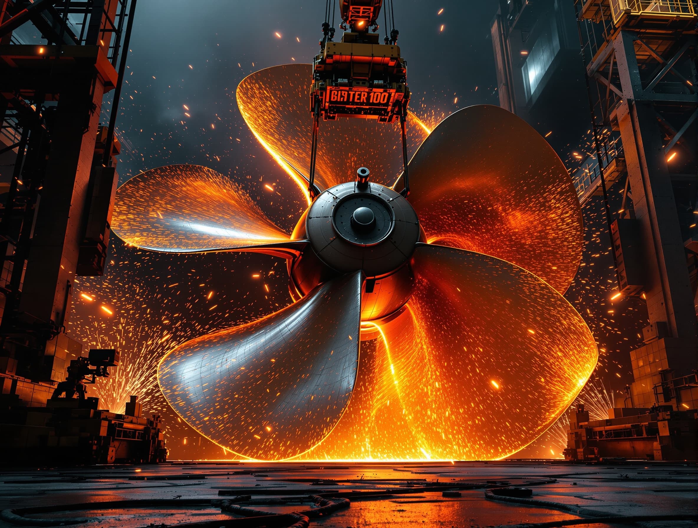 Giant ship propeller illuminated orange like molten metal, heavy crane lowering it, sparks flying, dramatic industrial lighting, cinematic slow motion, photorealistic, 4K
