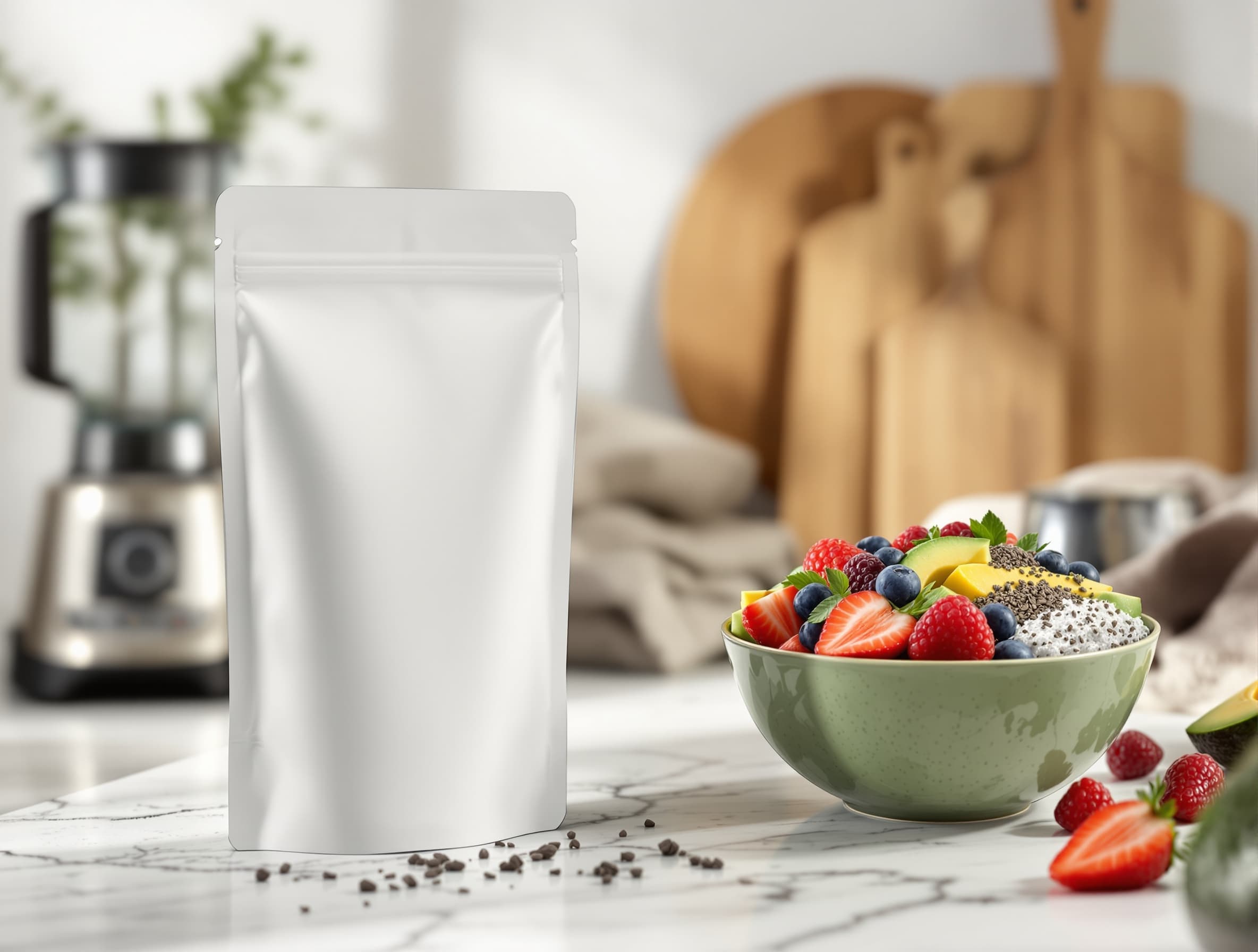 Create a premium product photography scene set in a bright, modern kitchen. Place my product pouch prominently in the foreground, upright and well‑lit, with realistic shadows and clean details. To the right or slightly in front of the product, include a beautifully styled smoothie bowl that is more visually dominant — vibrant, fresh, and topped with ingredients like berries, seeds, or spirulina for a natural superfood look. In the background, include soft kitchen elements such as a blender, folded linens, or subtle props, all slightly out of focus to maintain depth. Emphasize a natural, healthy lifestyle aesthetic with soft diffused lighting and an earthy green‑toned color palette. No text on the image. Crisp, high‑end, magazine‑quality product photography.