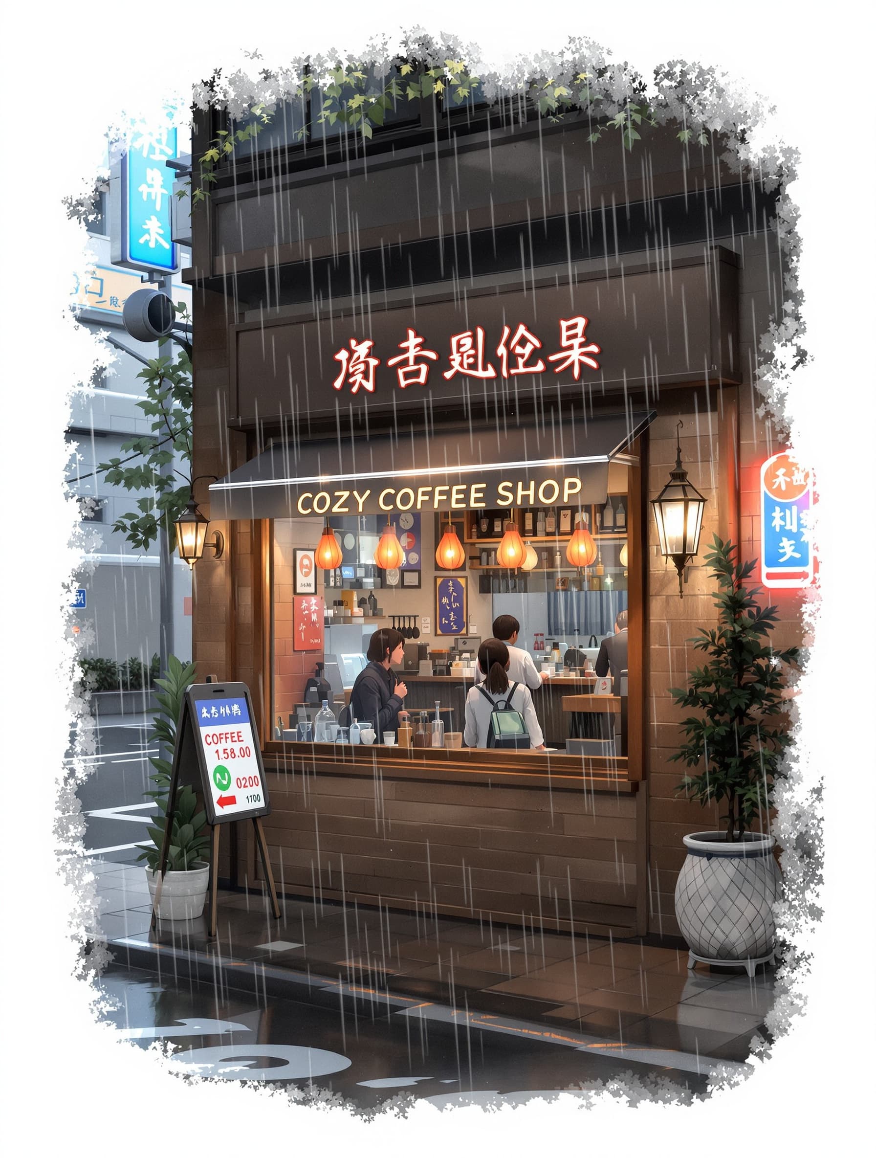 A cozy coffee shop on a rainy day in Tokyo, warm lighting through steamy windows, puddles reflecting neon signs