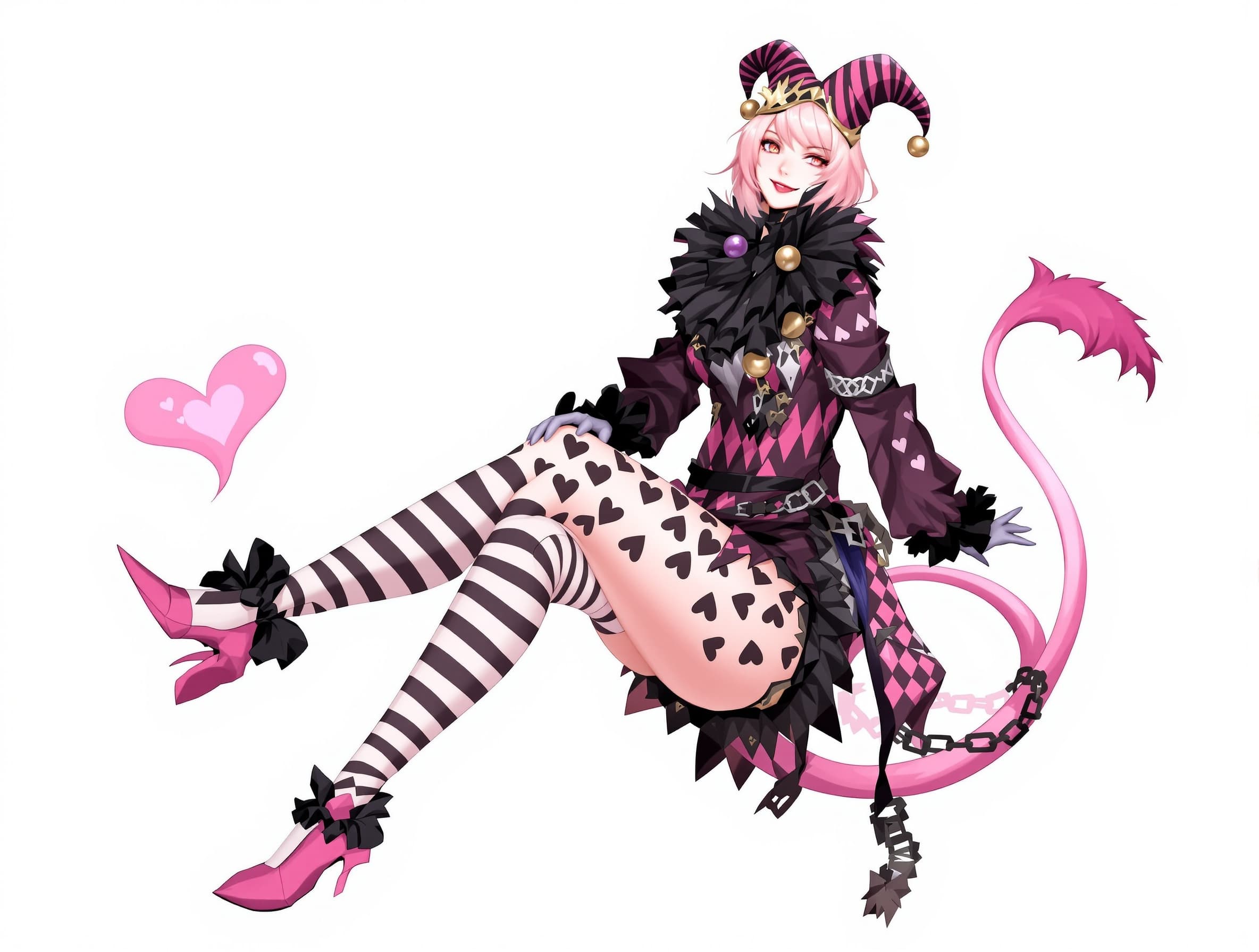 Anime-style demon slayer, demon jester woman with short fluffy pastel pink hair and a mischievous impish smile. Wearing an elaborate black, white, and neon pink gothic jester outfit: striped sleeves and stockings, heart and diamond motifs, scalloped circus patterns, layered fabric panels. Large black ruffled jester collar with many small bells, tiny jester crown hat. Heart-shaped pink demon tail with spikes and wrapped chains. goor rendering colors and shading, parted lips, hot looking, curvy