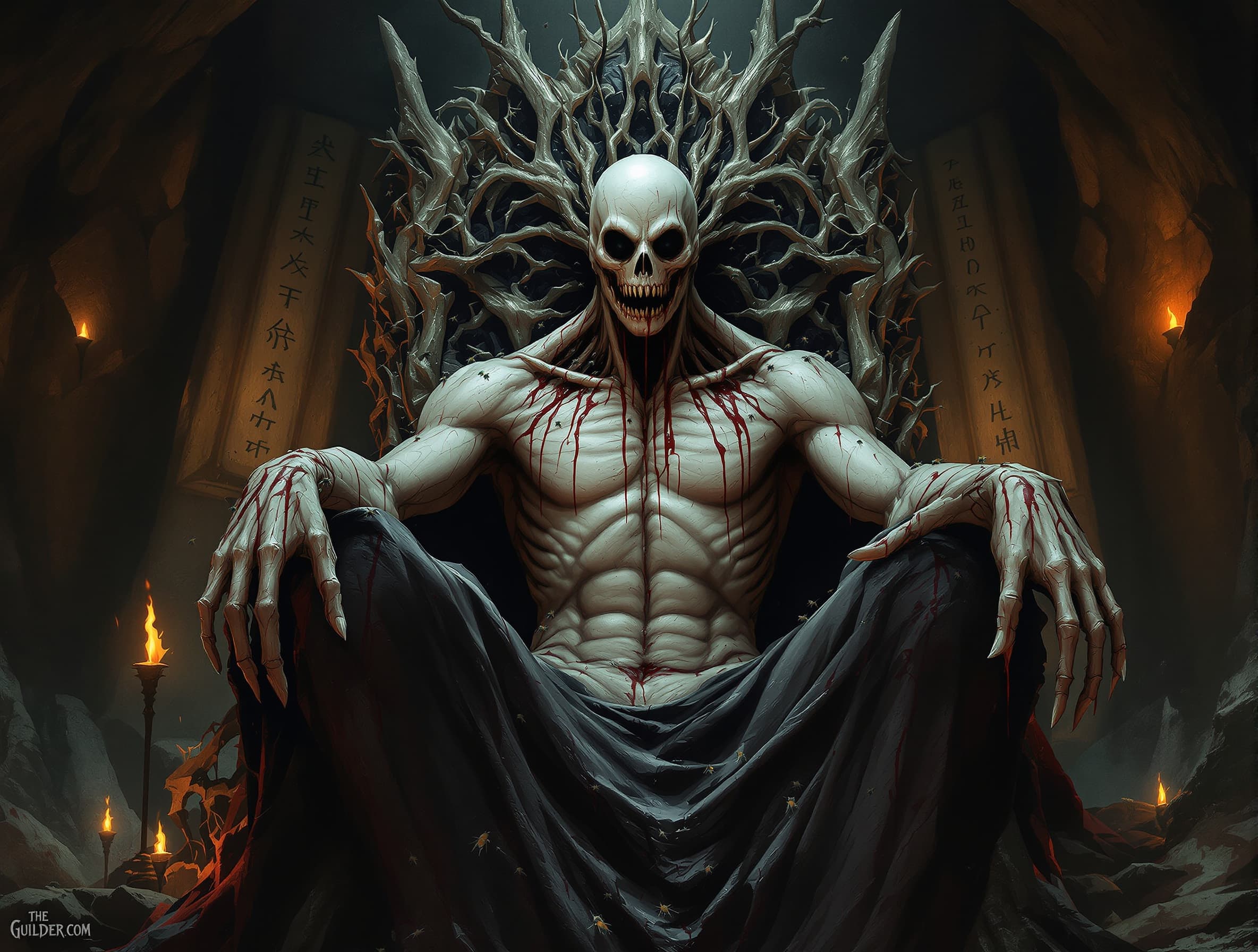 dark god king sitting on a throne made of bones and fresh human skin, rotting flesh details, blood dripping from mouth, flies emerging, pale decayed skin, black eyes, cinematic lighting, ultra detailed, grotesque, ritual atmosphere