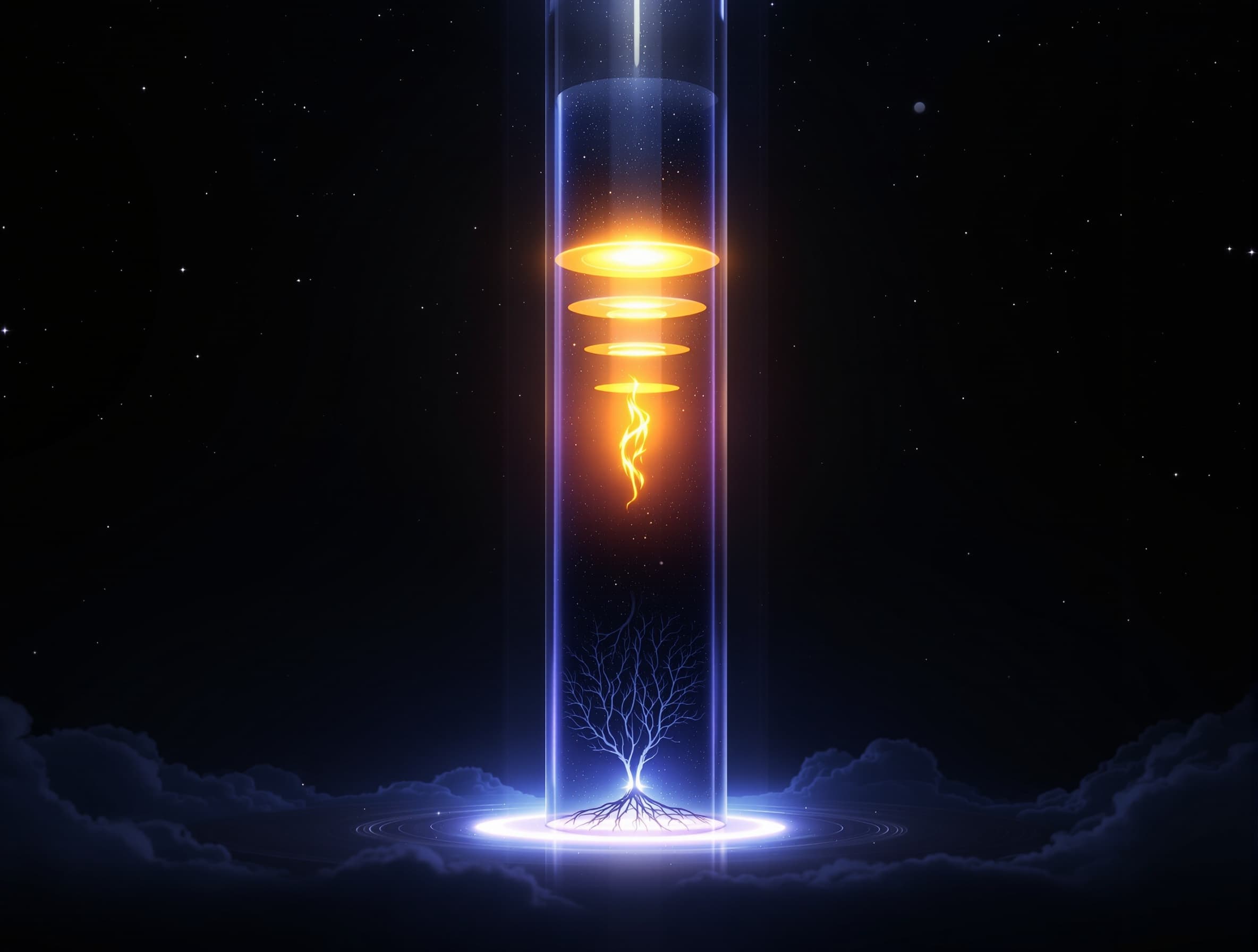 A cinematic symbolic illustration of the human soul based on spiritual cosmology. A tall transparent vertical cylinder floating in space, representing the soul. Inside the cylinder, there are 7 glowing ascending layers of light at the top (heavens), and 7 darker descending layers at the bottom (earth depths). At the center of the cylinder, a glowing lantern (like a glass lamp) represents the soul. The lantern has a bright upper flame reaching upward toward light, and subtle dark roots extending downward, symbolizing the pull toward darkness. Around the cylinder, a circular orbit rotates, containing the sun, the moon, and alternating day and night segments, moving in a smooth loop around the soul. Golden rays from the sun energize the upper layers, while dim blue lunar light influences the lower descent. Energy flows upward inside the cylinder (light particles rising), and darker particles falling downward. Style: cinematic, ultra detailed, 4K, soft volumetric lighting, spiritual, minimalistic but deep, symmetrical composition, dark background with glowing elements, no text.Islamic spiritual aesthetic inspired by Surah Ash-Shams, abstract representation without calligraphy. If you need do this --ar 1:1 --v 6 --style raw