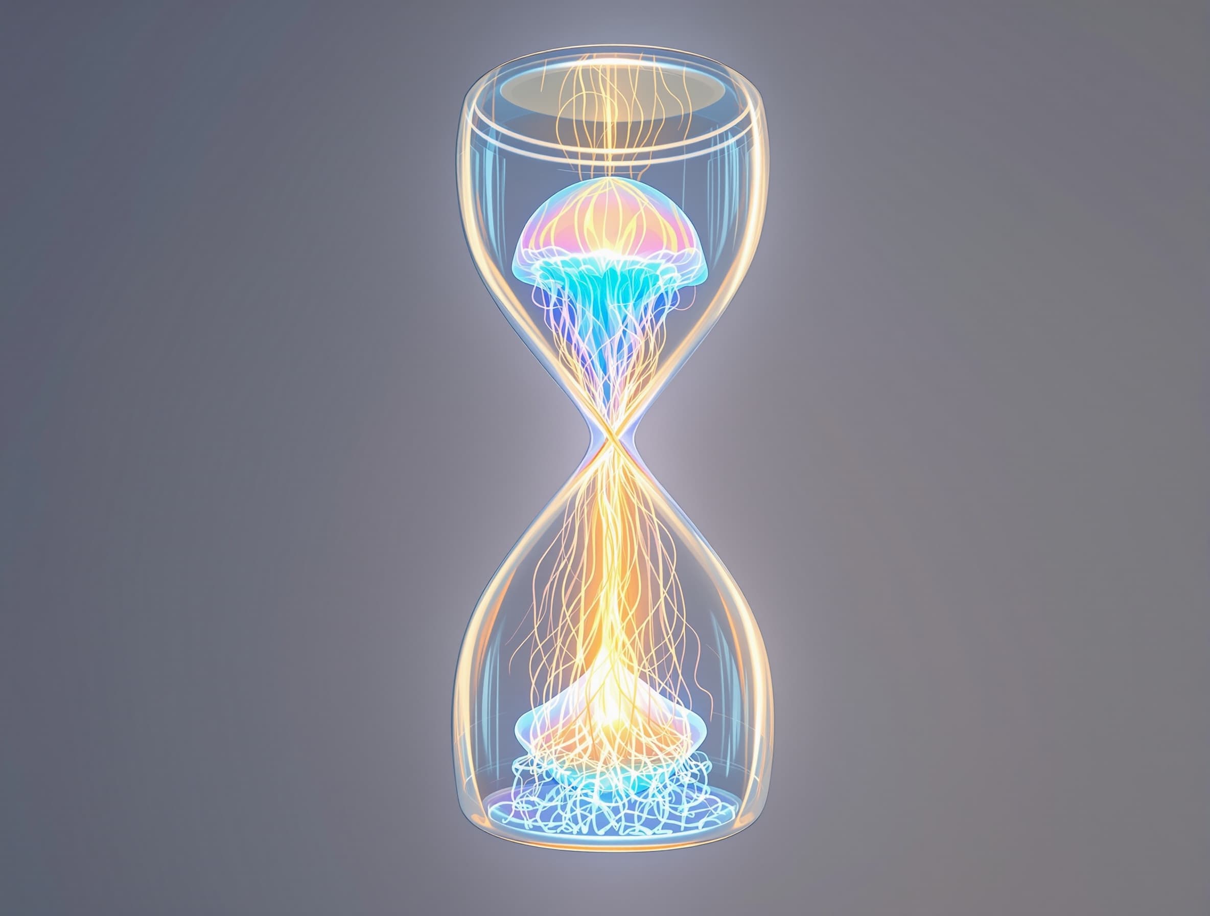 A highly detailed. cinematic symbolic illustration. A large transparent hourglass (no sand inside), perfectly symmetrical, expanding both upward and downward, floating in dark space. Inside the center neck of the hourglass, there is a vertical transparent cylinder. Inside the cylinder, a glowing jellyfish-like lantern represents the soul: - its upper part emits a warm golden flame rising upward - its lower part extends thin root-like tendrils downward into darkness Inside the hourglass: - 7 distinct glowing horizontal layers above (heaven levels) - 7 darker descending layers below (earth depths) Around the narrow neck of the hourglass, a circular orbit rotates horizontally: - a bright sun on one side emitting golden light - a soft glowing moon on the opposite side - the orbit represents continuous motion of day and night Lighting: - upper region bright, warm, ascending light - lower region dark, cool, descending shadows Style: cinematic, ultra detailed, 4K, volumetric lighting, symmetrical, centered composition, spiritual and abstract, dark background, no text. clear hourglass shape, clearly visible top and bottom expansion, central neck emphasized. precise geometric structure, clean design, no distortion, no blur, no random elements
