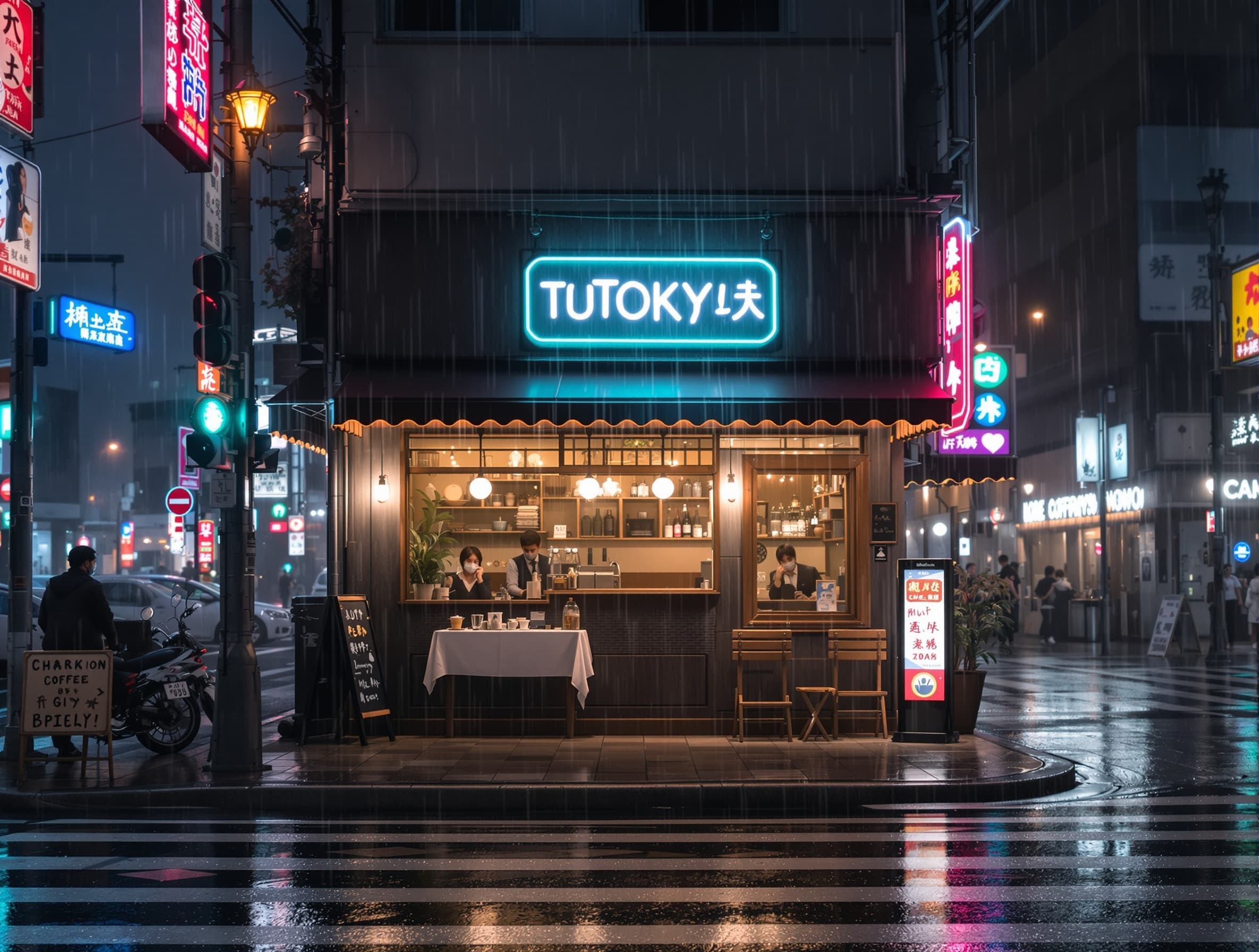 A cozy coffee shop on a rainy day in Tokyo, warm lighting through steamy windows, puddles reflecting neon signs