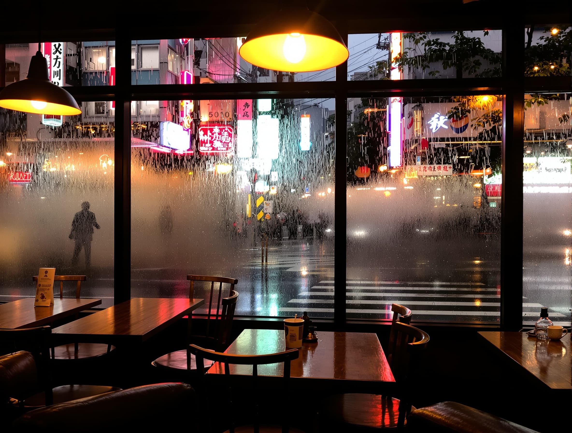 A cozy coffee shop on a rainy day in Tokyo, warm lighting through steamy windows, puddles reflecting neon signs