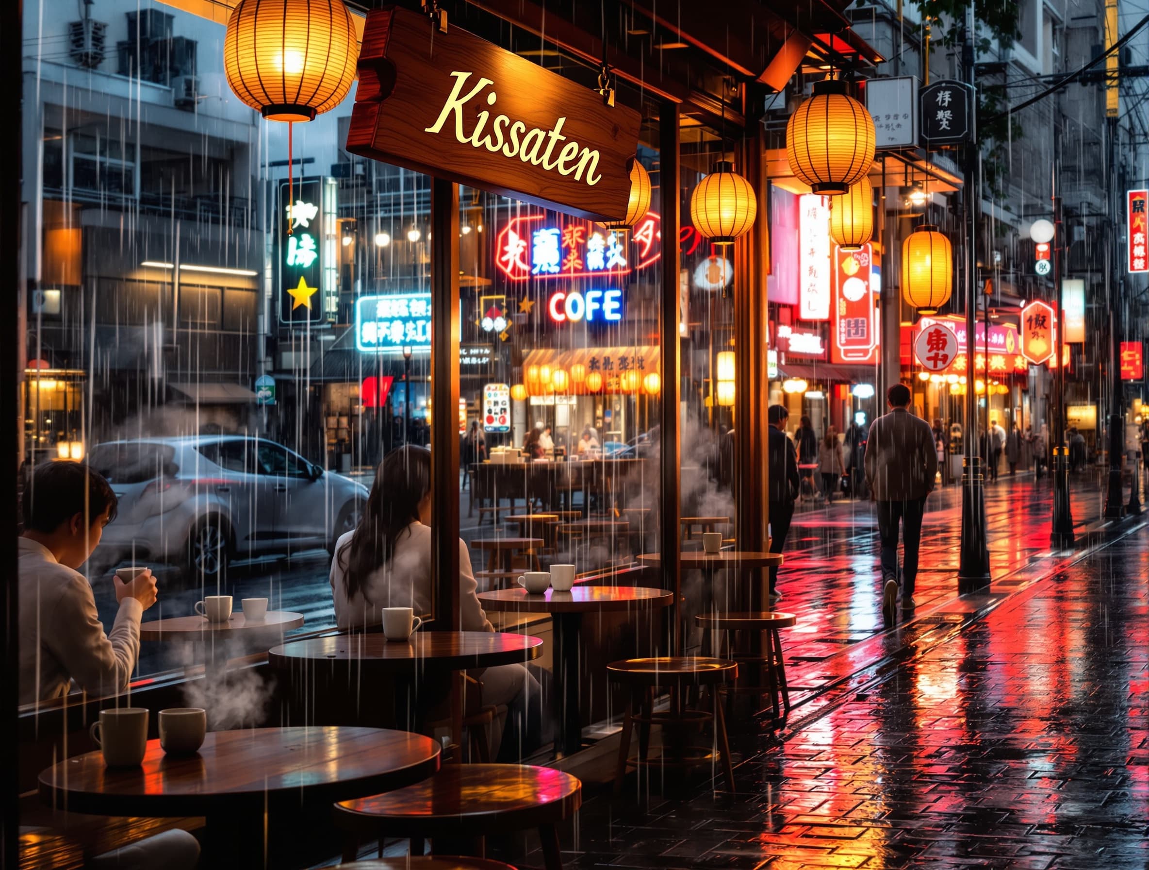 A cozy coffee shop on a rainy day in Tokyo, warm lighting through steamy windows, puddles reflecting neon signs