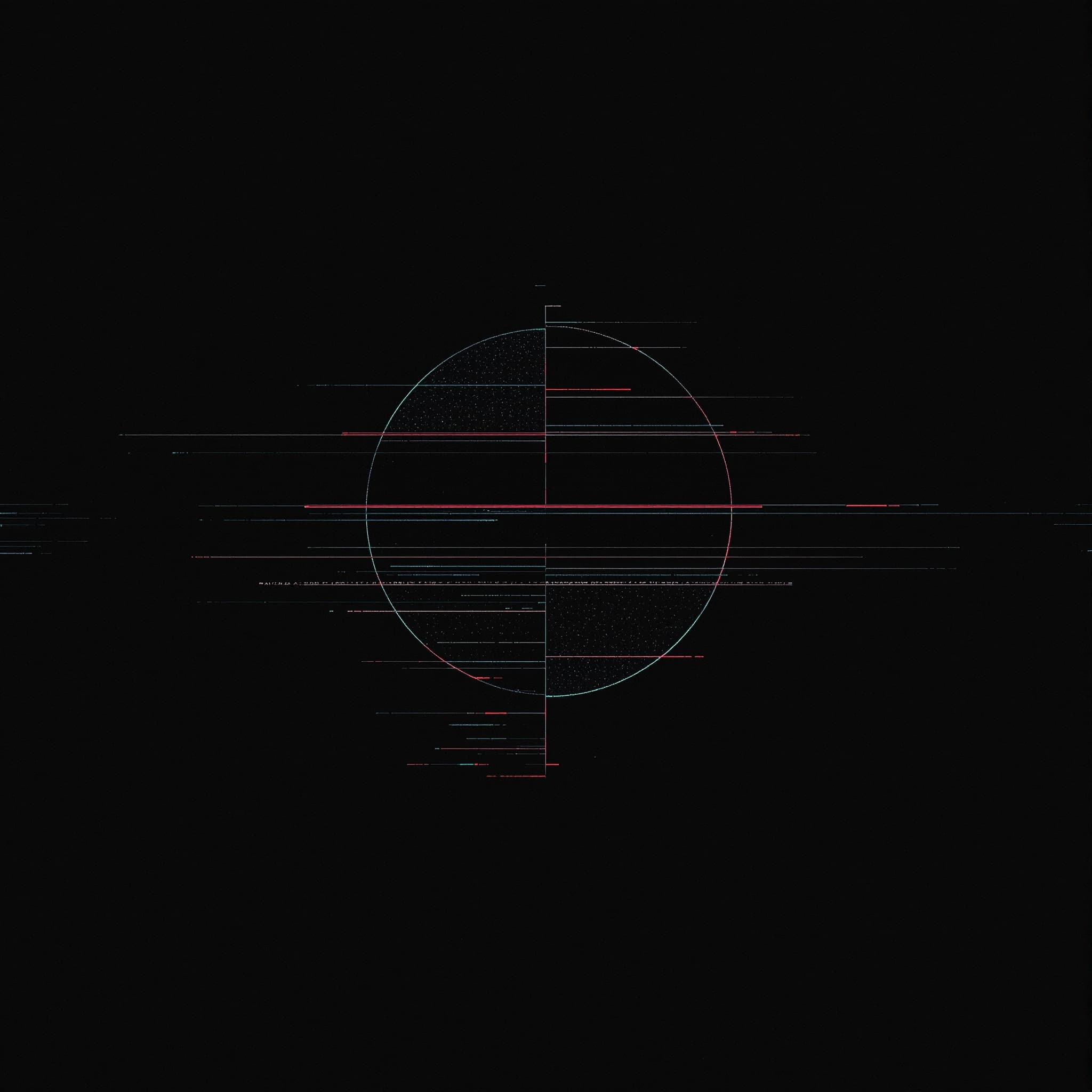 A dark black background with faint digital noise. In the center, a distorted circular form appears broken into horizontal slices, slightly shifted with red and blue color separation. Thin glitch lines cut across the image like corrupted signal interference. At the top, spaced-out white text reads “UOY SSELB”. At the bottom, smaller text reads “CORRUPTED” with subtle flicker distortion.