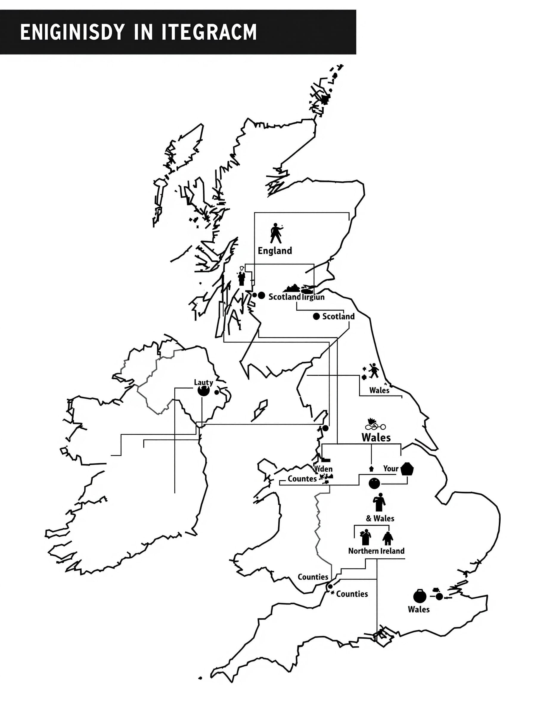 Create a black and white diagram with black and white icons showing the UK as an organizational sharts, with all coutnries and the parts of the kingdom