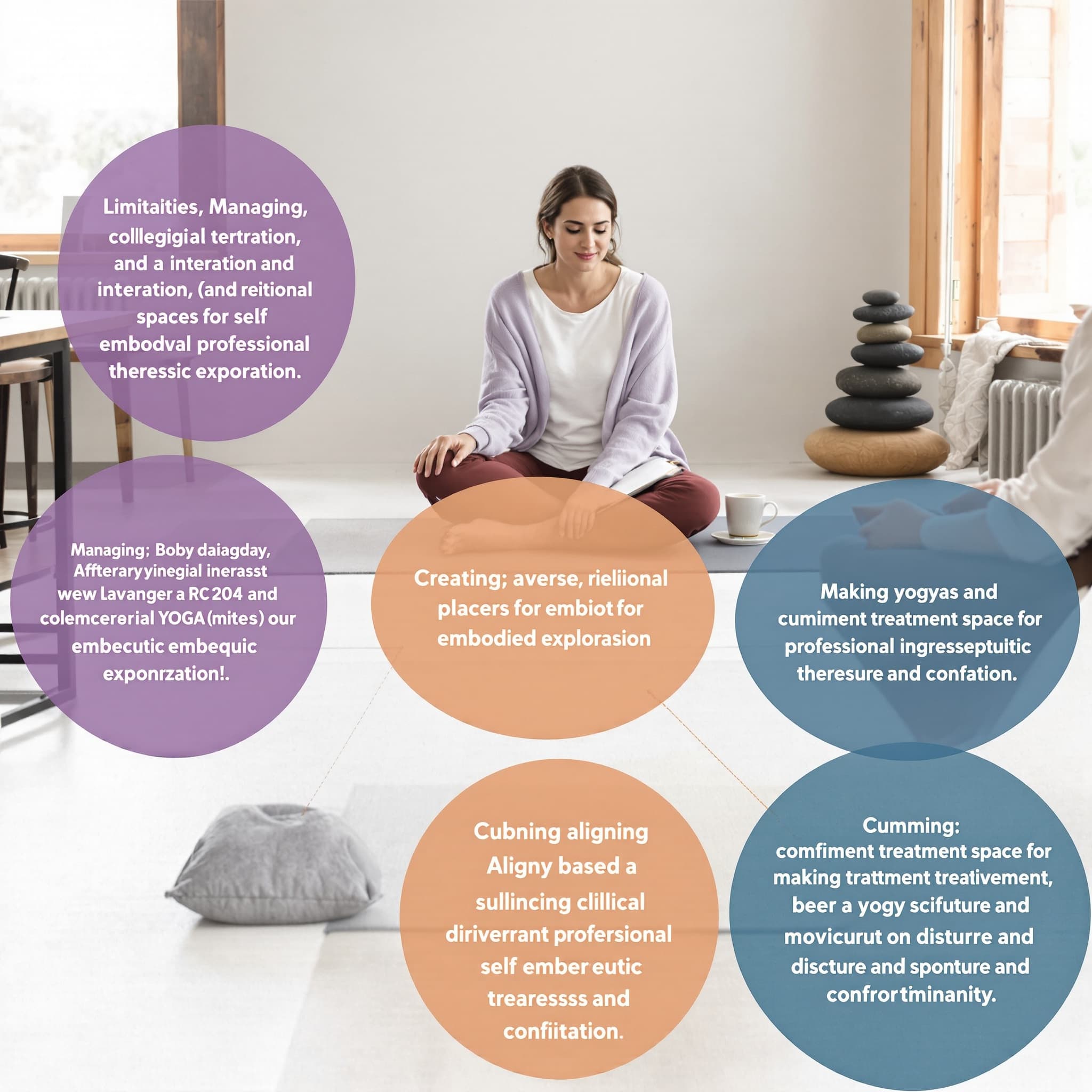 Make an almost identical illustration of a yoga therapist who integrate different clinical aspects, according to the attached illustration with the following text: 1) “Managing collegial interest and resistance”, 2) “Merging yogic tradition and professional therapeutic practice”, 3) “Aligning body-based and verbal work”, 4) “Making space for distress and comfort”, and 5) “Combining treatment structure and spontaneity”Use these colors: R=204, G=192, B=204, R=172, G=122, B=149 and R=134, G=131, B=160