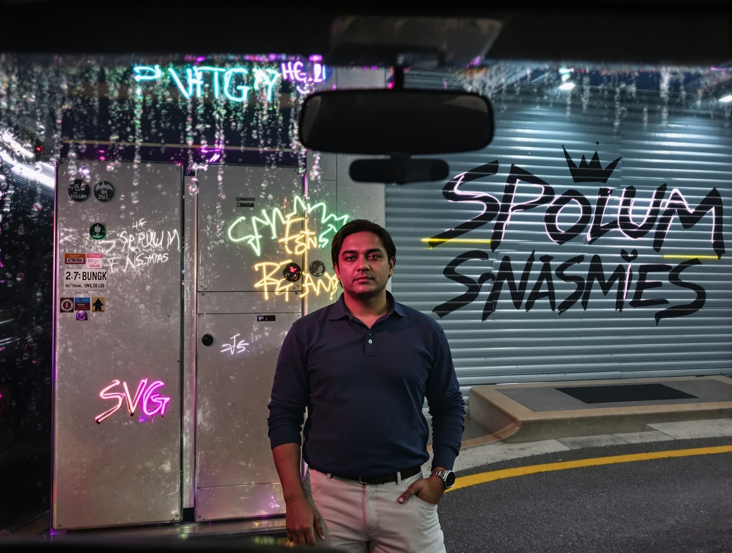 A cinematic 45-degree over-the-shoulder shot from the back seat inside a Proton Saga at night, raindrops on the windshield, neon lights reflecting inside the car, “baddie” aesthetic interior with purple LED lights, shiny surfaces, driver’s face partially visible, emotional vibe, soft reflections, slow motion, ultra realistic, 4K, film grain