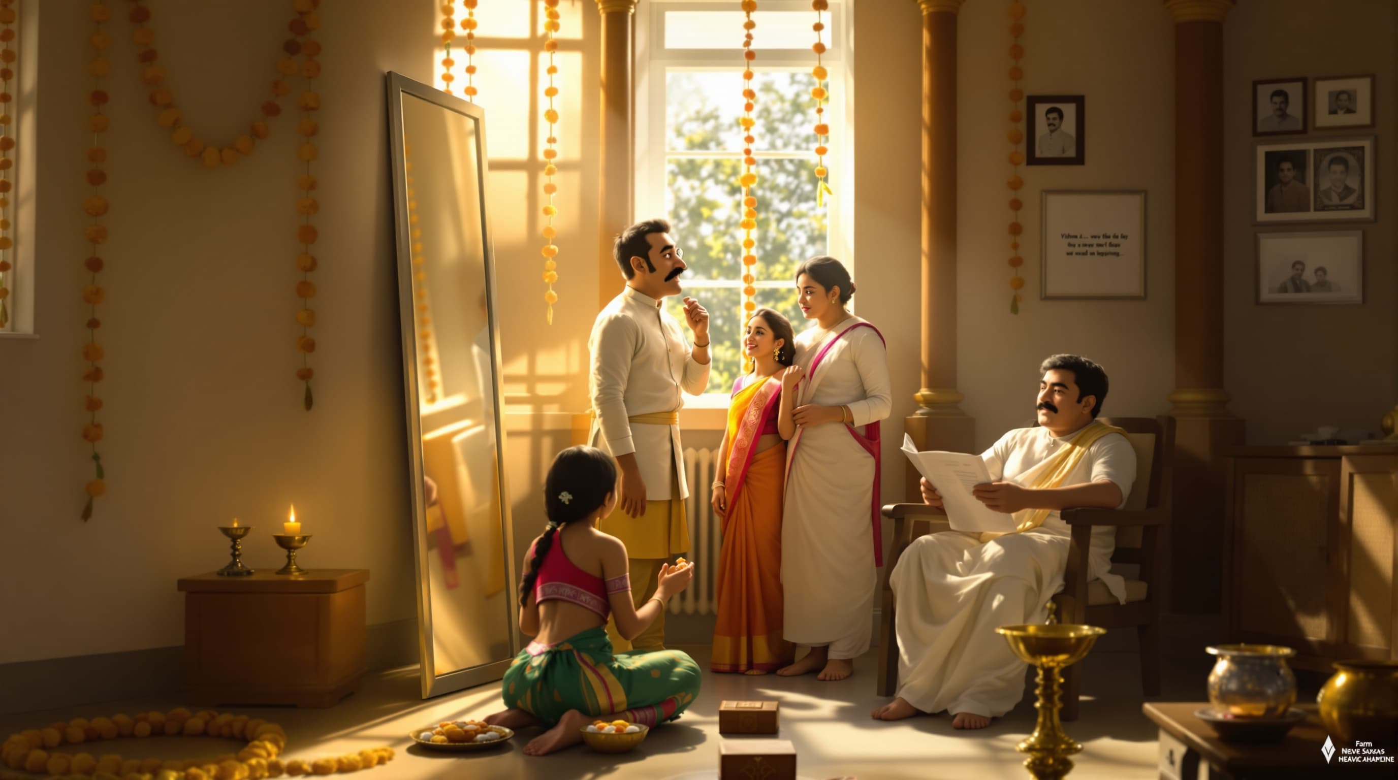 Morning Emotion Start 📍 Location: విష్ణు గది – ఉదయం 🌅 Soft golden sunlight window లోంచి పడుతుంది 🎵 Soft emotional background music 👉 Vishnu అద్దం ముందు నిలబడి, తన reflection చూస్తూ కొంచెం టెన్షన్గా ఉంటాడు 🎙️ Voiceover (విష్ణు): “అమ్మా… ఈ రోజు ఏదో తెలియని ఉద్వేగం ఉంది… నా జీవితంలో కొత్త అధ్యాయం మొదలవుతున్న రోజు ఇది…” 👉 చేతులు స్వల్పంగా కంపిస్తున్నట్టు close-up shot