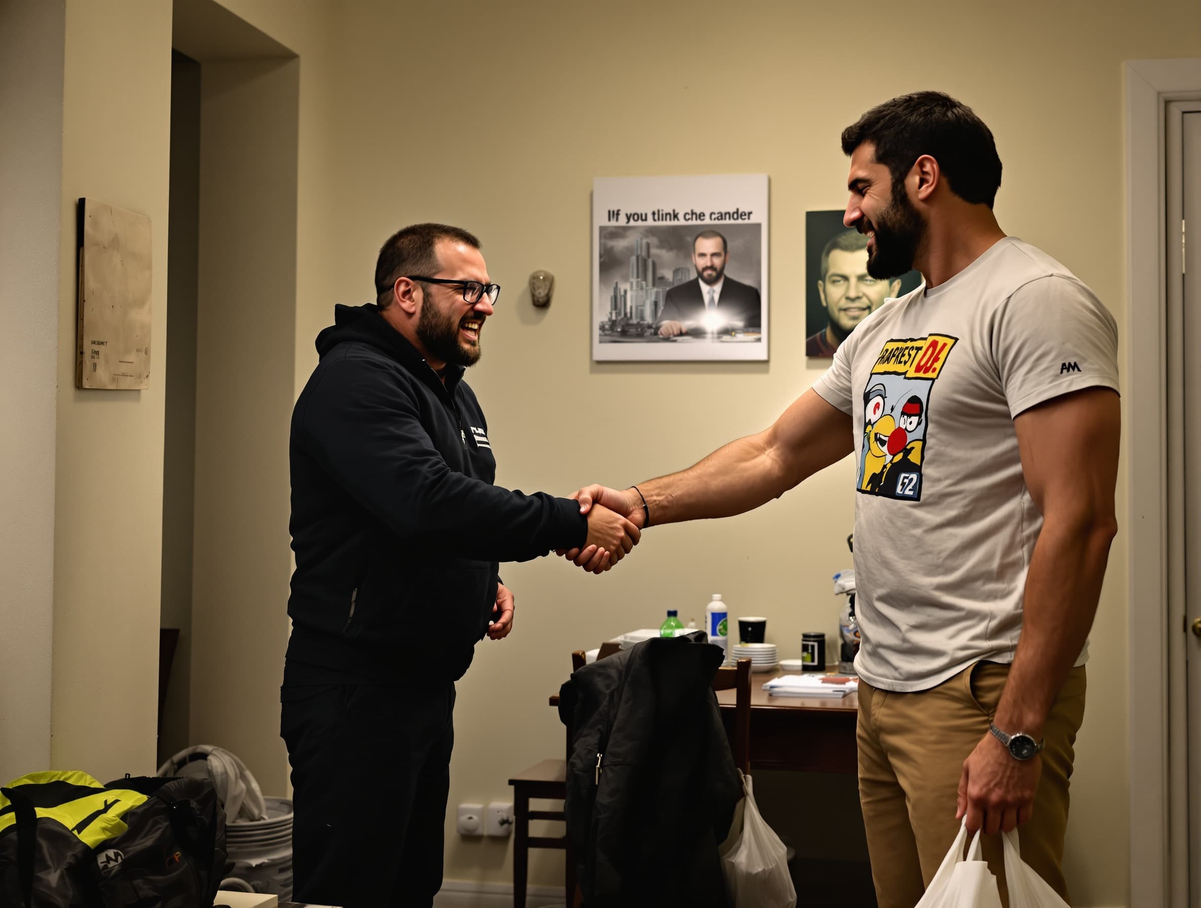 Two men shaking hands in a realistic indoor setting. The man in black suddenly applies superhuman strength, crushing the other man's hand. The second man’s face contorts in pain, his body shaking under the pressure. He is slowly forced down to one knee, grimacing and struggling. Dramatic cinematic lighting, slow motion, intense emotion, ultra realistic, smooth animation, high detail.