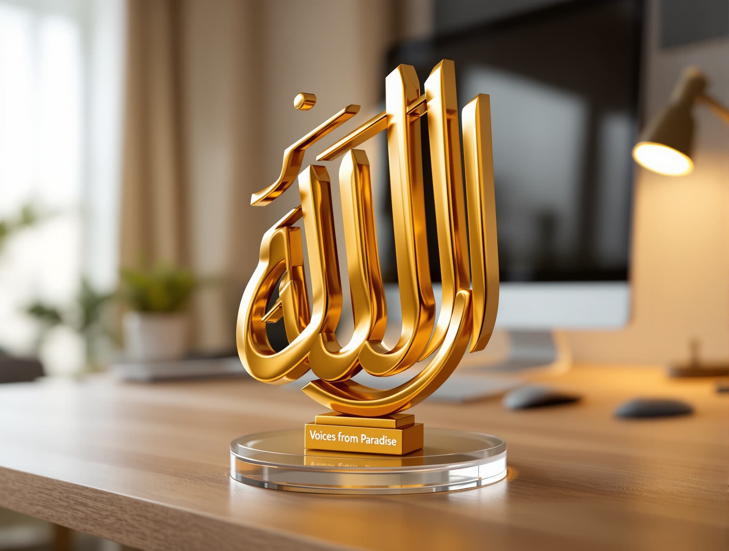 Ultra-realistic 3D render of the text "mohamed mahmoud qasem" designed as an elegant artistic logo sculpture, shaped in a flowing, calligraphic style. The logo is crafted in glossy gold material with smooth curves and premium finish, standing upright on a round transparent acrylic base. The base has a small engraved label reading "Voices from Paradise". The scene is placed on a modern wooden desk inside a creative workspace. Background includes a soft-focus computer monitor, keyboard, desk lamp, and minimal design elements. Warm ambient lighting with a focused desk lamp creates soft shadows and highlights on the golden logo. Photorealistic, ultra-detailed, cinematic lighting, depth of field, clean composition, professional product photography style, 4K quality, 3:4 aspect ratio. octane render, unreal engine, ray tracing, global illumination