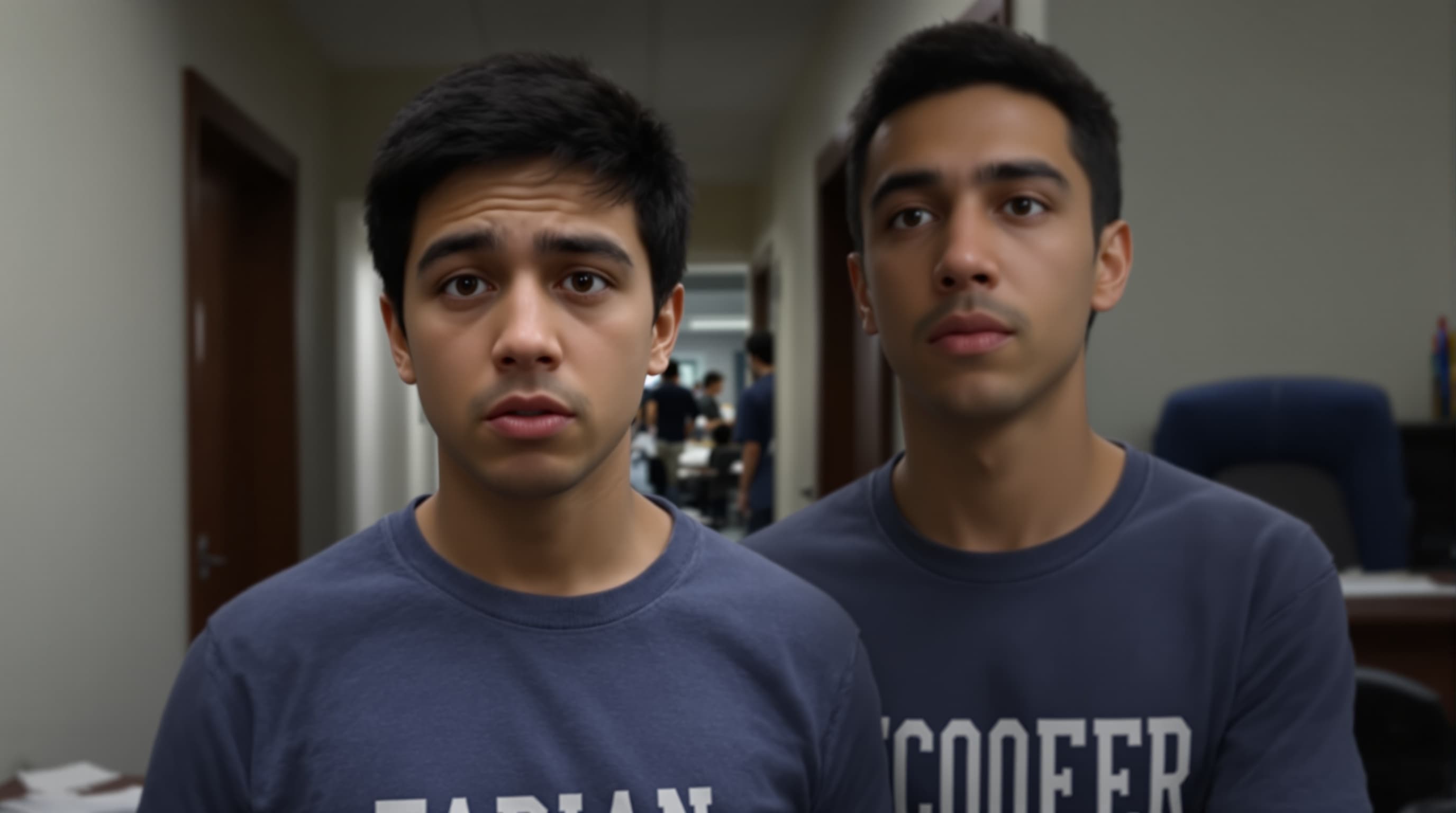 “A cinematic, realistic coming-of-age intro about a high school student named Fabian starting at a new school. Use the provided reference image to match the same person consistently in all third-person shots, keeping the same face, hairstyle, and appearance throughout the video. The style mixes first-person perspective with a few cinematic third-person shots, natural lighting, realistic environments, not overly dramatic. The video begins with a first-person perspective walking into a high school hallway, slightly nervous, looking around at students passing by. The environment feels new and unfamiliar, with a calm atmosphere. Then shows a first-person view walking through the hallway and into a classroom, looking at desks and students, with a subtle feeling of uncertainty. Cut to a brief cinematic third-person shot of the same teenage boy (matching the reference image) standing in the hallway, looking around unsure but calm. Ends with a first-person perspective sitting down at a desk, looking forward, taking in the new environment. Smooth transitions, realistic movement, emotional but calm tone. No music.”