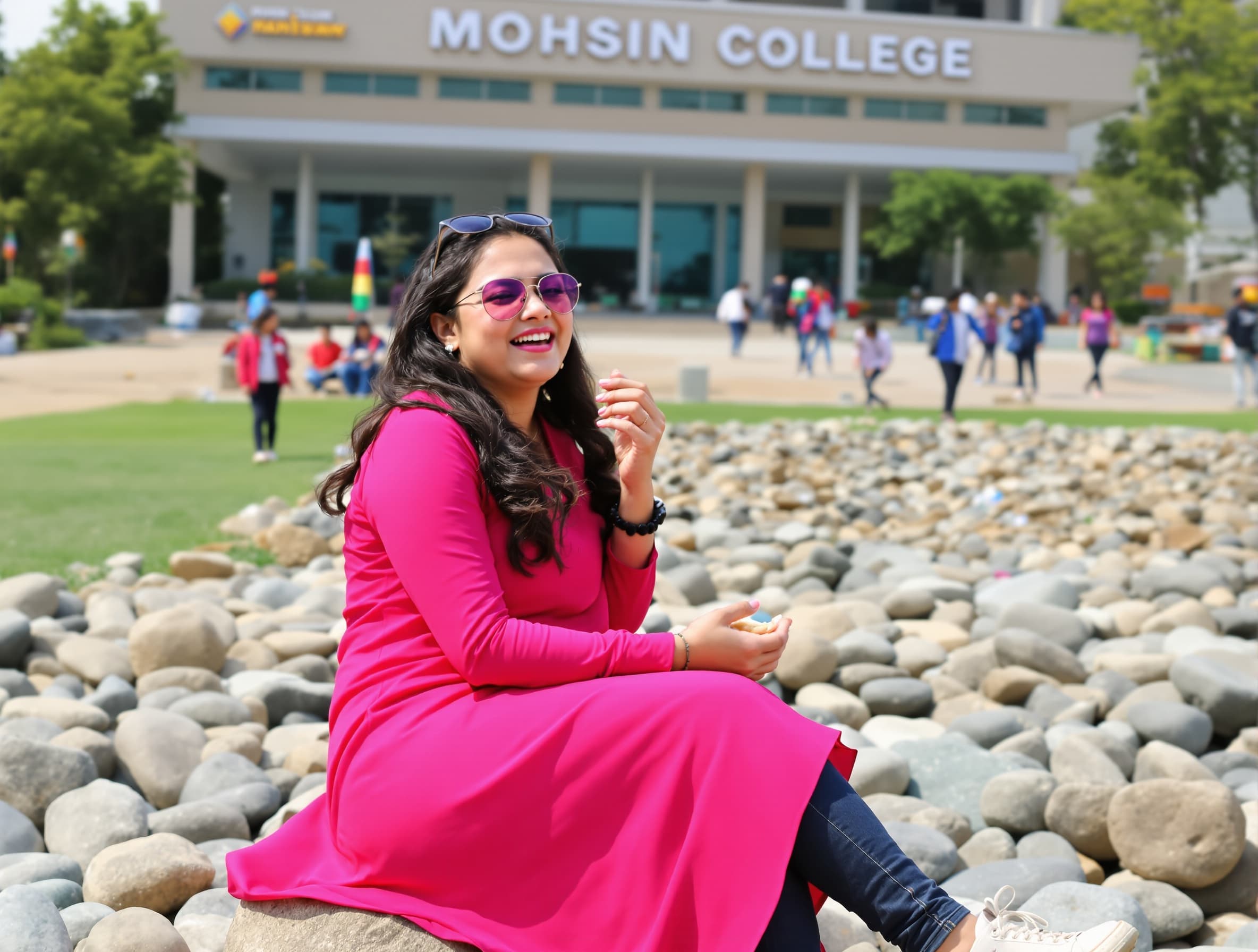 Make a video of this given pic girl who is laughing with her friends & eating panipuri in front of her college named 'MOHSIN COLLEGE '..she is wearing the same dress with this sunglass & talking with her friends that " my friend is far away"..