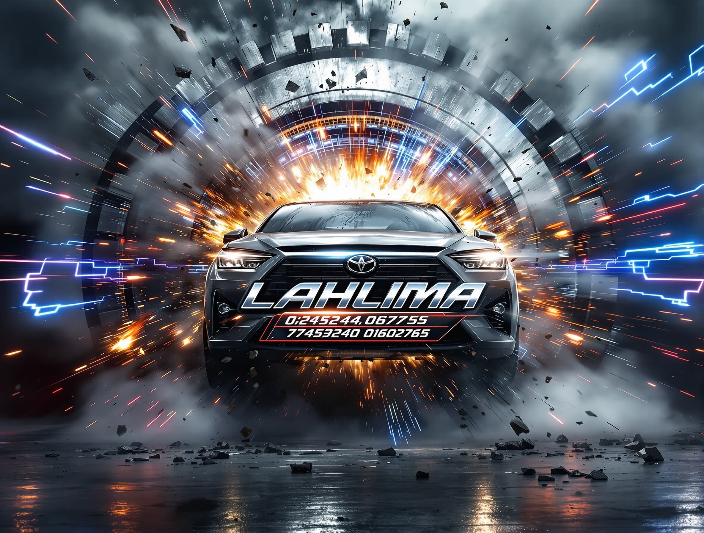 مشهد سينمائي مظلم وعنيف، سيارة واقعية جداً تتحرر من داخل الشعار بقوة هائلة، تتحطم القيود والحديد المحيط بها بانفجار قوي ومخيف، تتطاير قطع المعدن والشرر في كل الاتجاهات بحركة بطيئة. تندفع السيارة للأمام بسرعة خارقة مع اهتزاز قوي للكاميرا، وصوت محرك عميق مرعب بتأثير ستيريو ثلاثي الأبعاد يملأ المكان، مع صدى معدني قوي وانفجارات متتابعة. خلفية مليئة بالدخان الكثيف، ووميض كهربائي أحمر وأزرق يعكس القوة والهيبة، مع تأثير صدمة هوائية قوية عند اندفاع السيارة. تتوقف السيارة فجأة أمام الكاميرا بقوة، الأرض تهتز تحتها، وتتساقط بقايا الحديد حولها، مع صوت معدني ثقيل وعميق، وإضاءة درامية حادة تظهر صلابتها وقوتها، لتعكس الهيبة والسيطرة والقوة في السوق التجاري. بدون أي نصوص أو كتابات، التركيز كامل على الحركة، الانفجار، الصوت، والواقعية السينمائية.