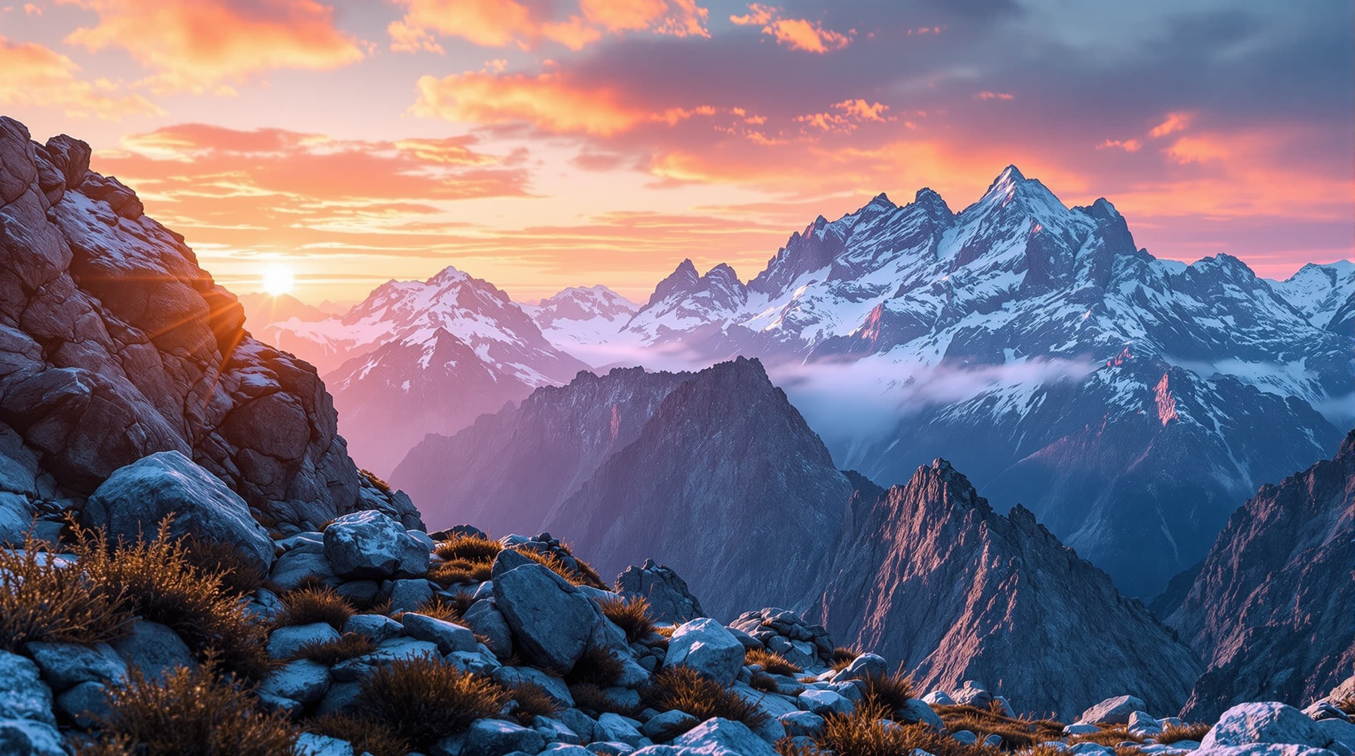 mountain landscape at sunrise, cinematic lighting, shallow depth of field, ultra detailed, vivid color grading