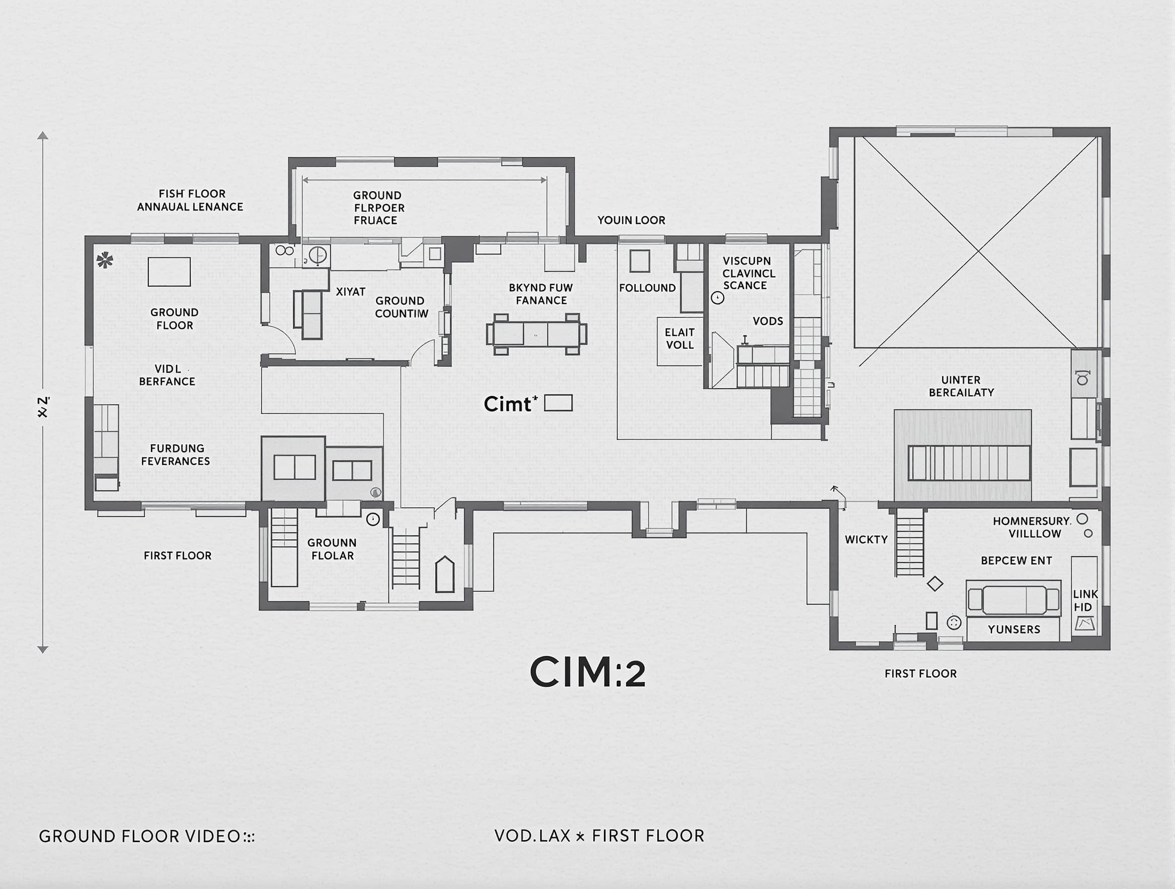 Create a 9-second smooth cinematic video from this architectural floor plan image. Apply a slow horizontal camera slide moving from right to left, ending focused on the ground floor section on the left side. Add subtle depth/parallax effect, gentle zoom-in, soft shadows, and clean premium motion. Keep text and labels sharp and readable. Motion must be very smooth and natural with no distortion or flicker. High quality, realistic presentation, 1080p.