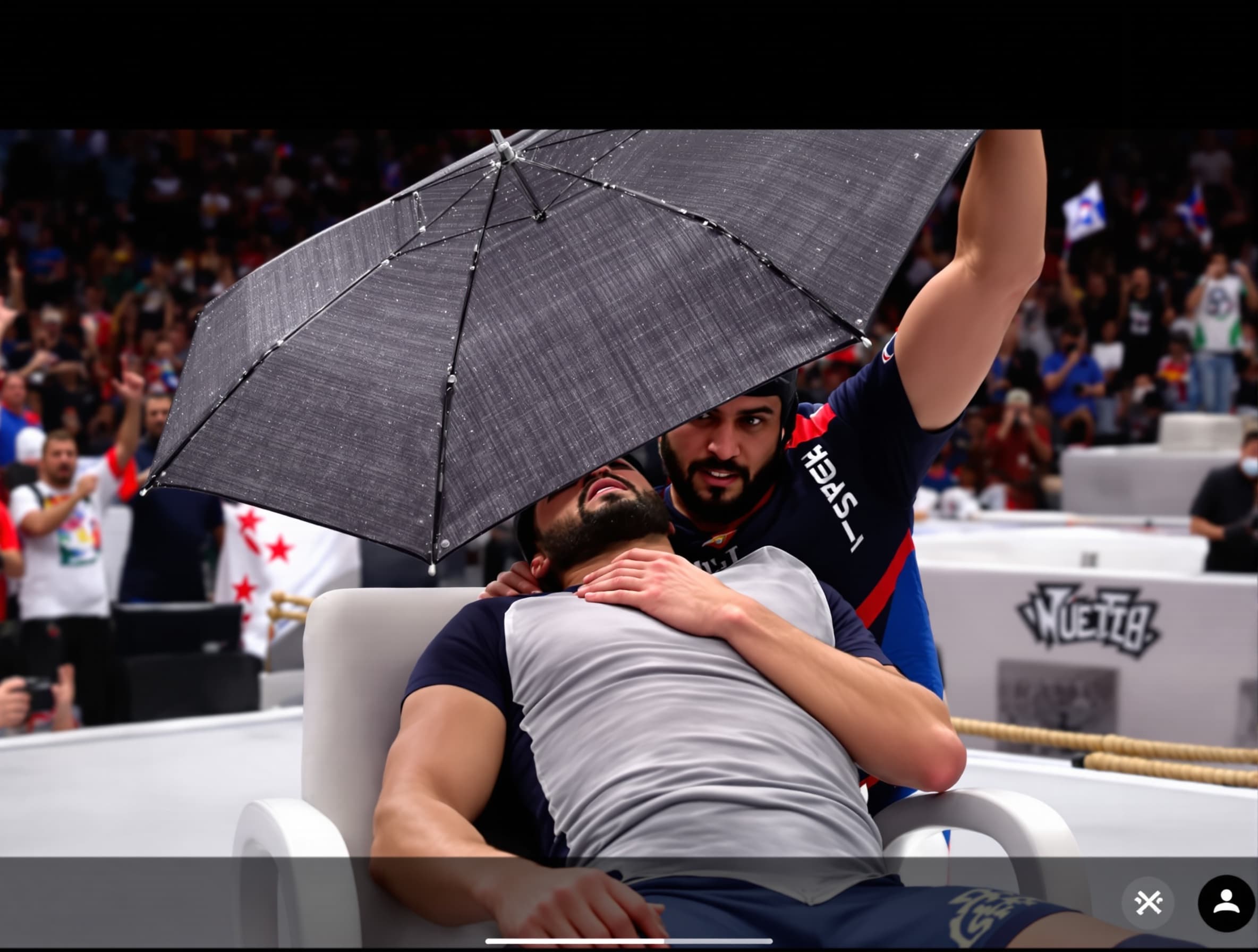Okay ... Generate me a wrestling video Wwe fighting video... In that video i want you to make everything's perfect and Accurate The first picture i am going to send i You is , who will get beaten by other The second picture i am going to send you will be the real fighter who wins the battle * example... The person under the umbrella will get beaten badly and he will lose the fight From the other person Generate it