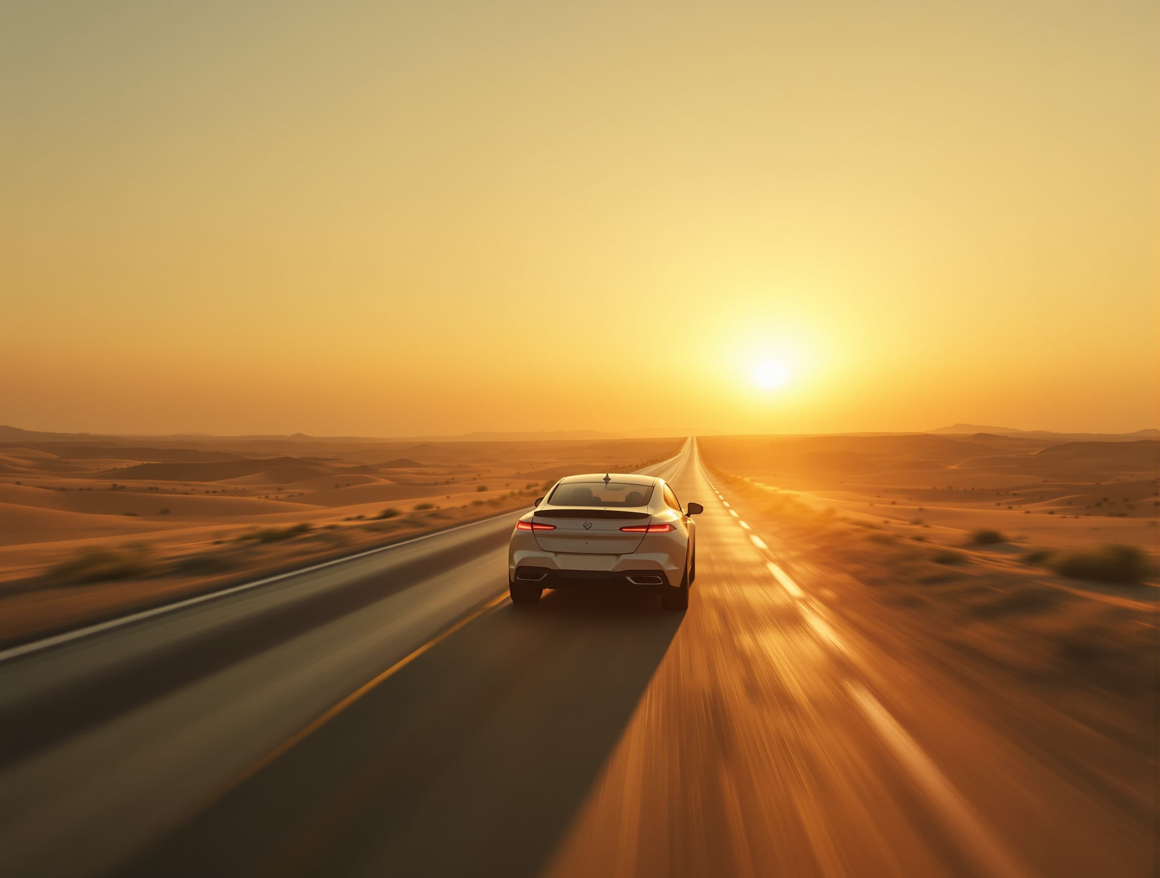 Cinematic shot of a modern car driving smoothly on a long Egyptian desert road at sunset, warm golden light, soft shadows, calm atmosphere, slight side camera tracking, realistic environment, minimal traffic, subtle Egyptian vibe, smooth motion, shallow depth of field, 4K, cinematic color grading