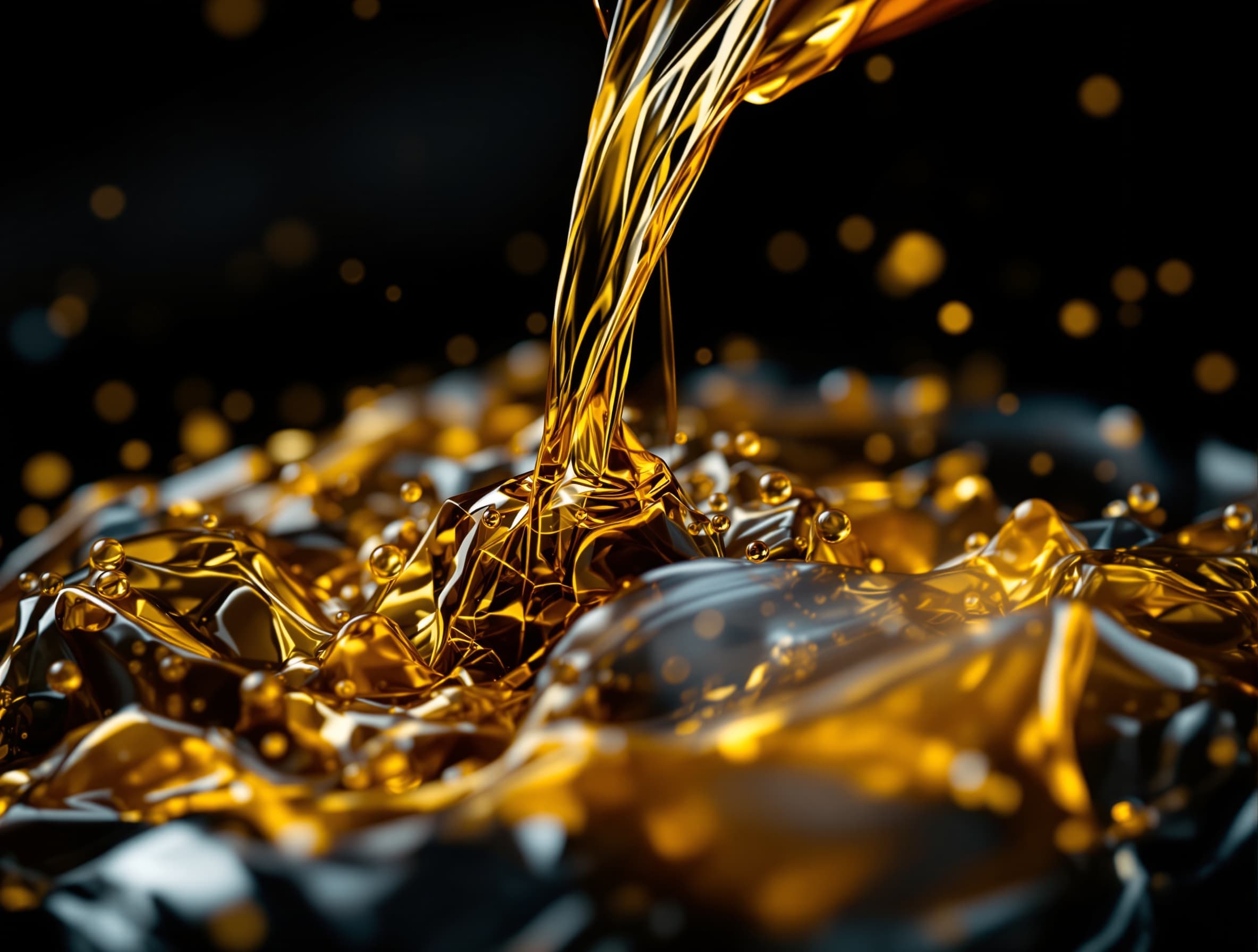 Cinematic macro shot of golden engine oil pouring in slow motion, thick and glossy texture, dramatic lighting, followed by fast dynamic close-up shots of a powerful car engine in motion, pistons moving, mechanical parts, high speed, smooth transitions, high contrast, dark background, intense energy, 4K, cinematic commercial style